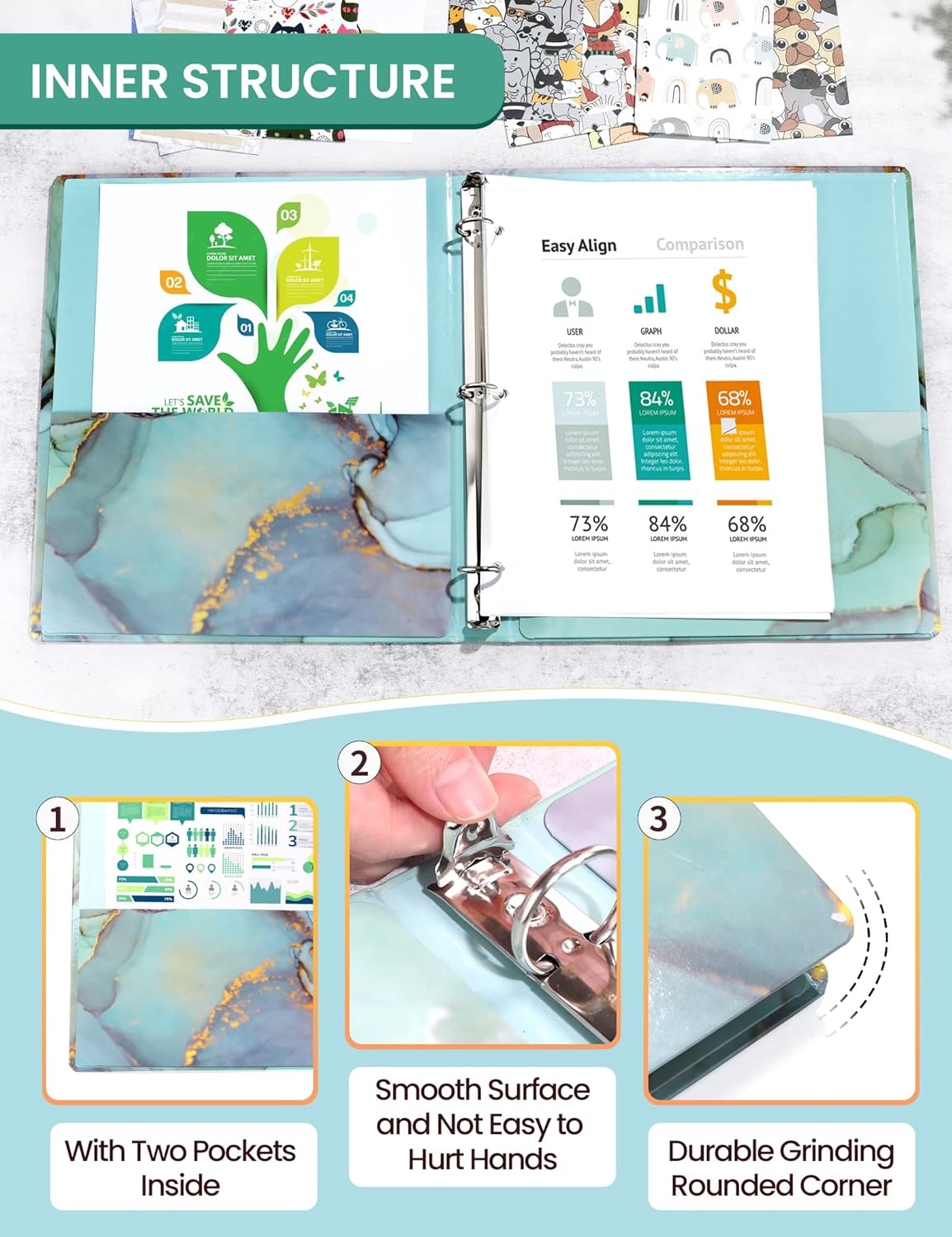 image:imageSUNEE 3 Ring Binder 1 Inch Cute Decorative Green Marble Heavy Duty Fits 85x11 Inches for School amp OfficeGreen Marble