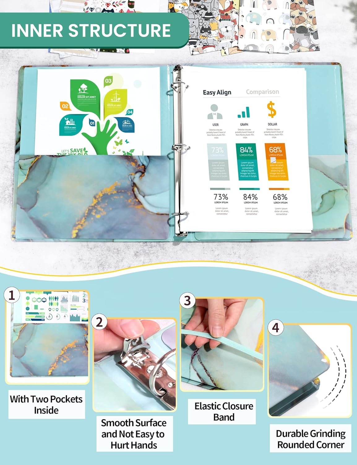image:imageSUNEE 3 Ring Binder 1 Inch Cute Decorative Green Marble Heavy Duty Fits 85x11 Inches for School amp OfficeGreen Marble