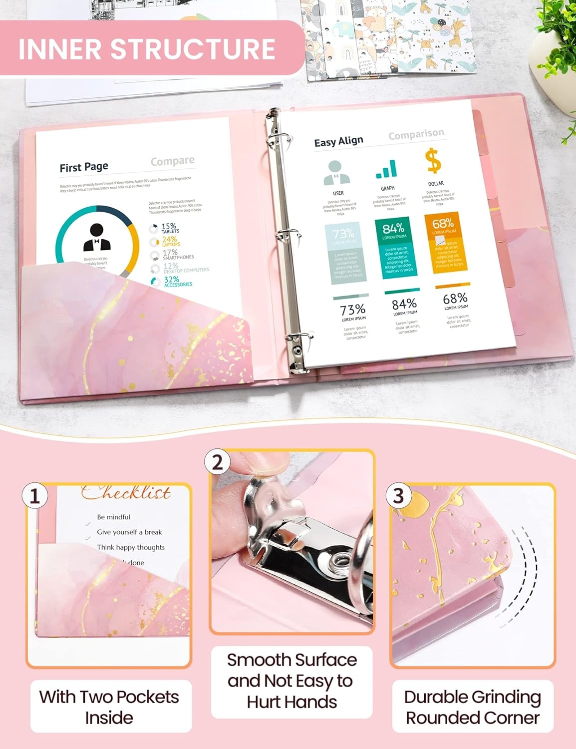image:imageSUNEE 3 Ring Binder 1 Inch Cute Decorative Green Marble Heavy Duty Fits 85x11 Inches for School amp OfficePink Marble
