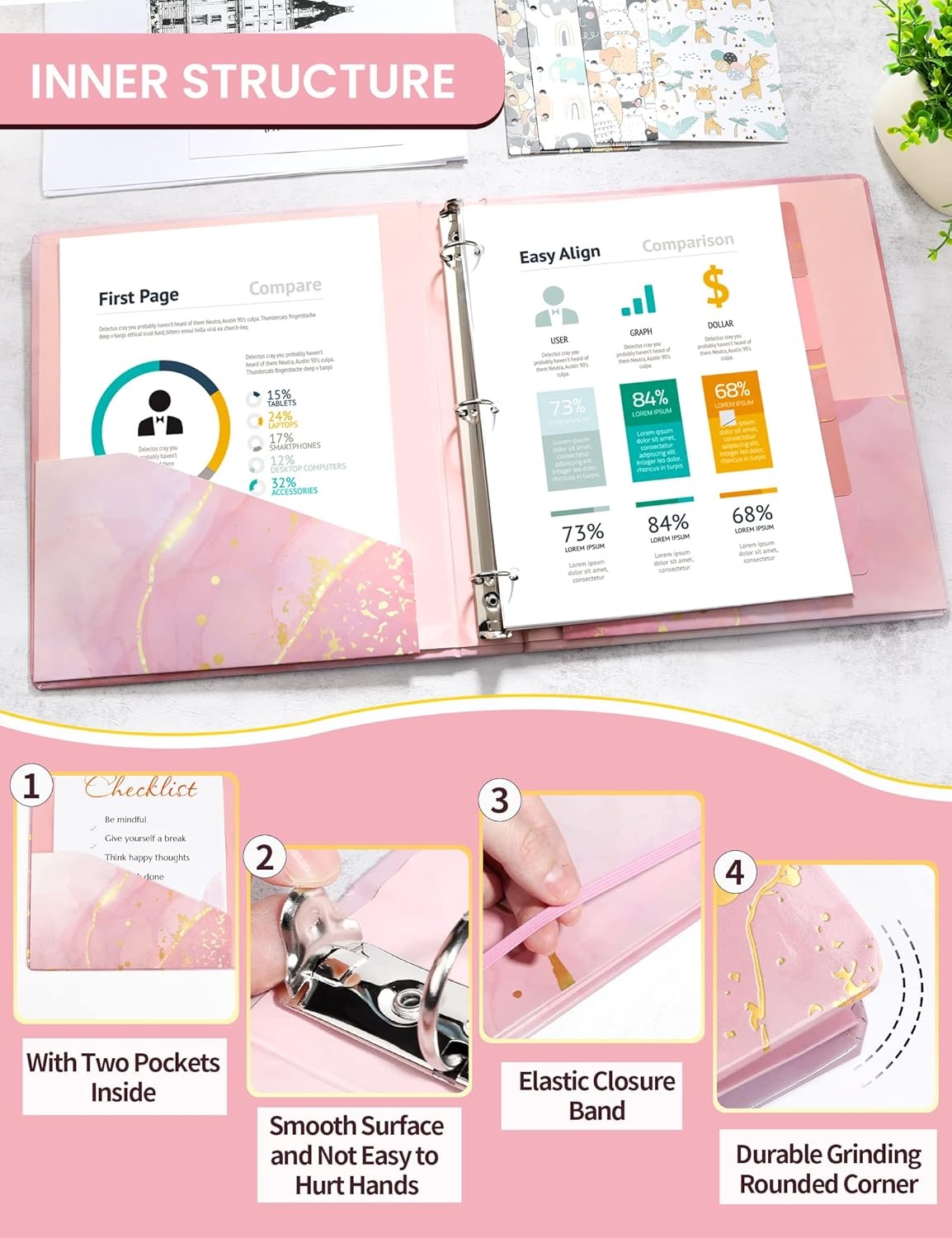image:imageSUNEE 3 Ring Binder 1 Inch Cute Decorative Green Marble Heavy Duty Fits 85x11 Inches for School amp OfficePink Marble