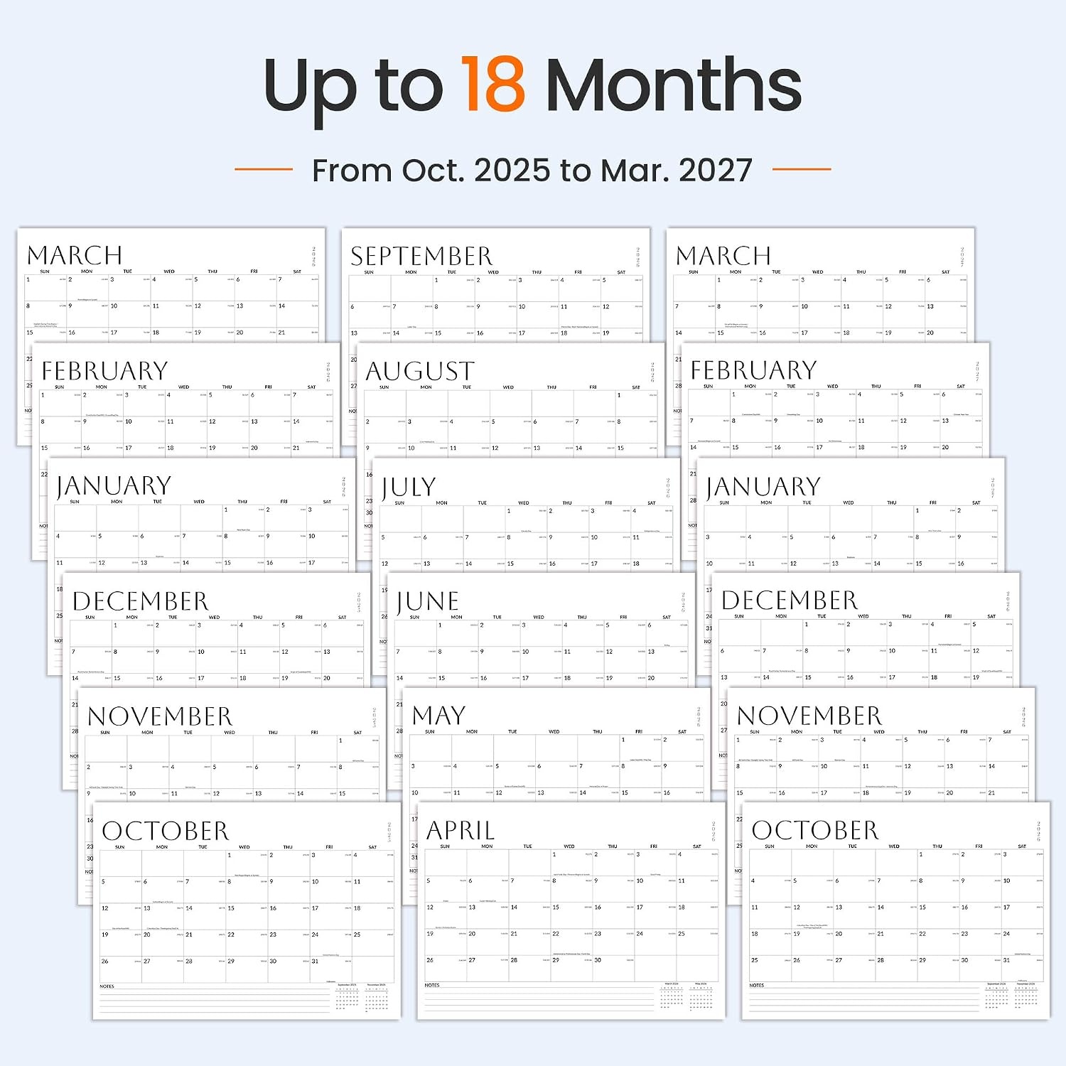 image:imageSUNEE 2026 Desk Calendar 18 Month Calendar Oct 2025 Mar 2027 17 x 12 Desktop Calendar 2026 with Notes for Planning Organizing in Family School or Office White 2026 Calendar Pack of 2