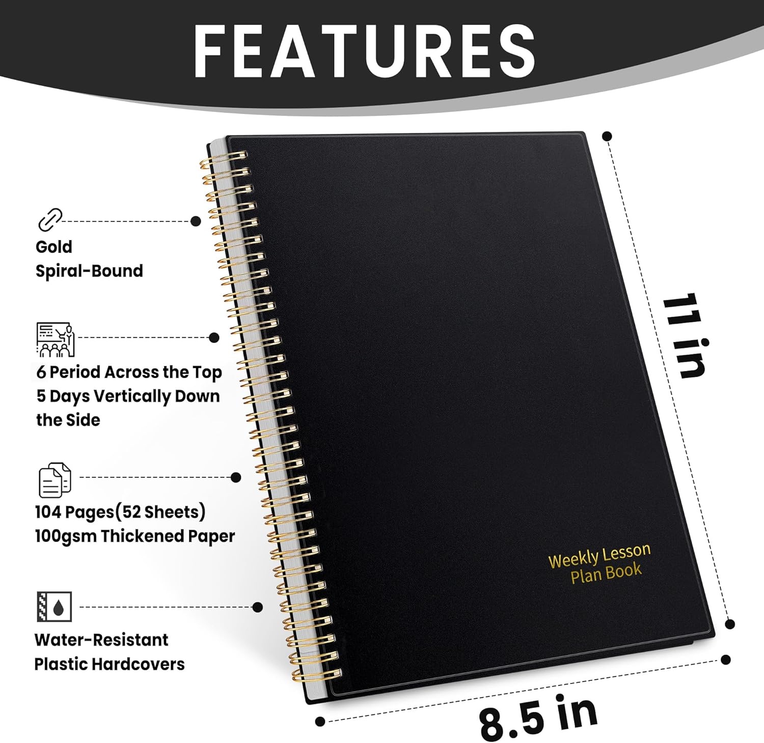 image:imageSUNEE 6 Period Teacher Lesson Plan Book Days Vertically Undated Teacher Planner 20242025 Academic Year 85x11 Inch 104 Pages52 Sheets 40 Weeks Waterproof Plastic Cover Back Pocket Black