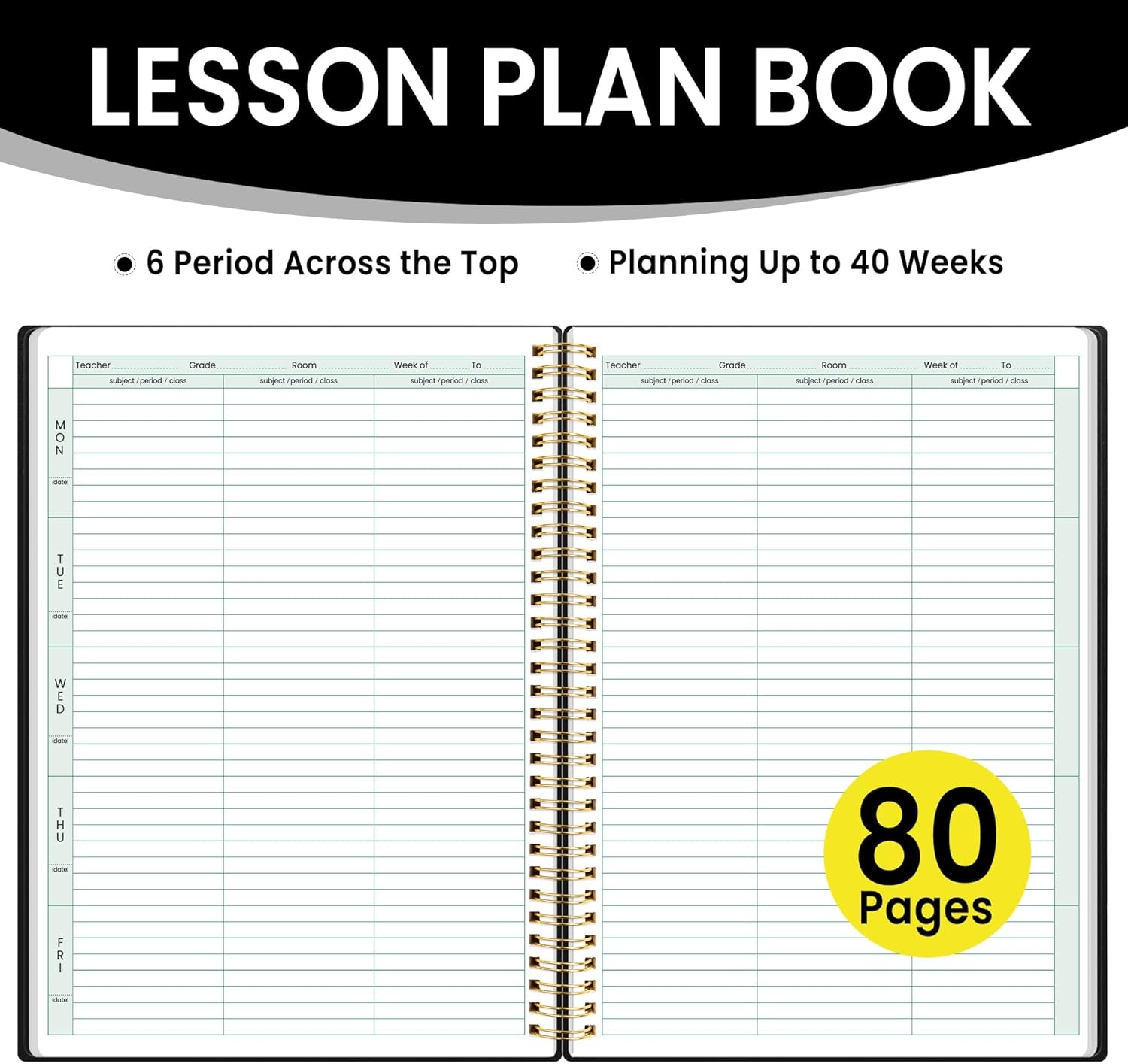 image:imageSUNEE 6 Period Teacher Lesson Plan Book Days Vertically Undated Teacher Planner 20242025 Academic Year 85x11 Inch 104 Pages52 Sheets 40 Weeks Waterproof Plastic Cover Back Pocket Black