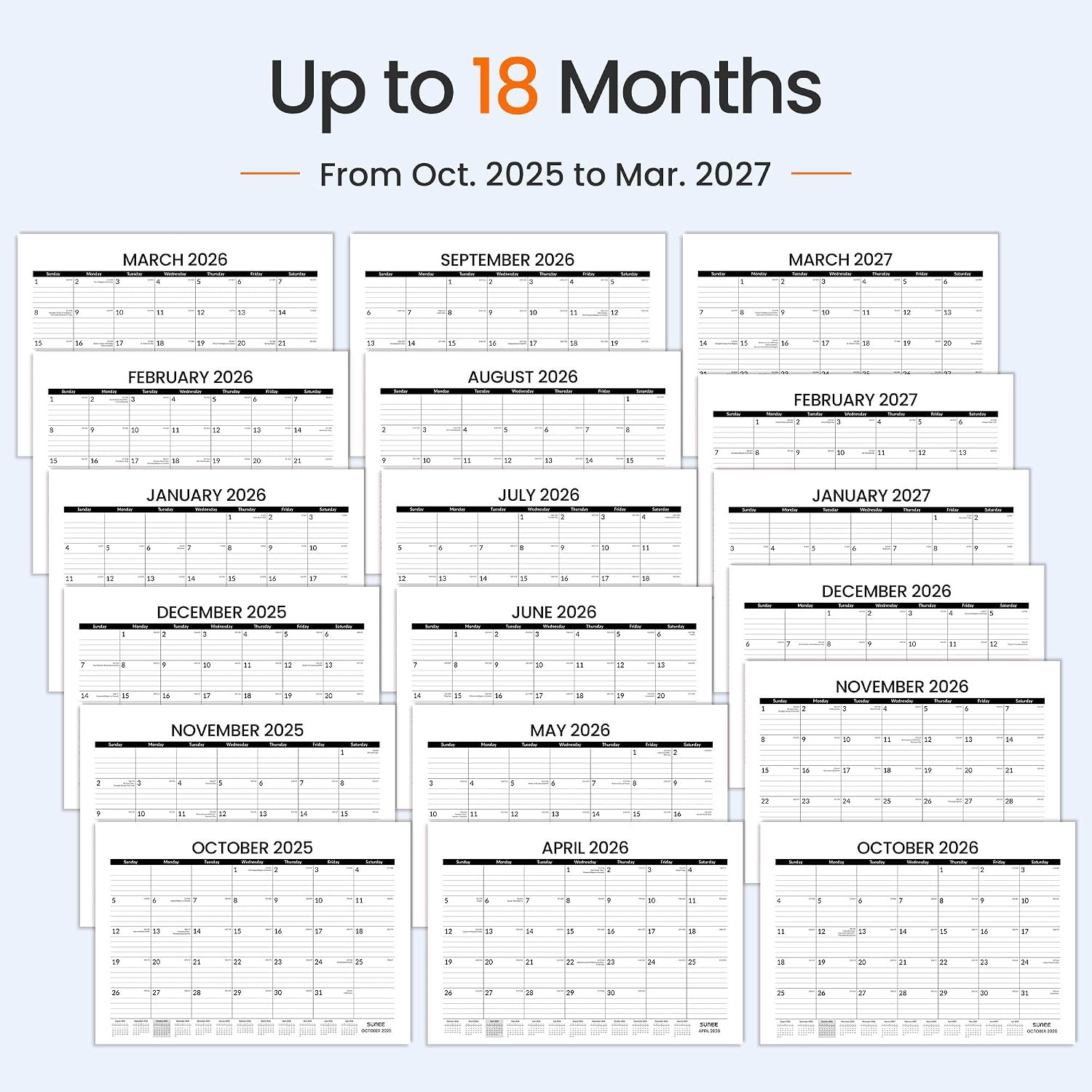 image:imageSUNEE Desk Calendar 2026 18 Months from Oct 2025 to Mar 2027 17x12 Academic 2026 Calendar for Home School or Office Desk Top Organizing Black Monthy Calendar 2026 Pack of 2