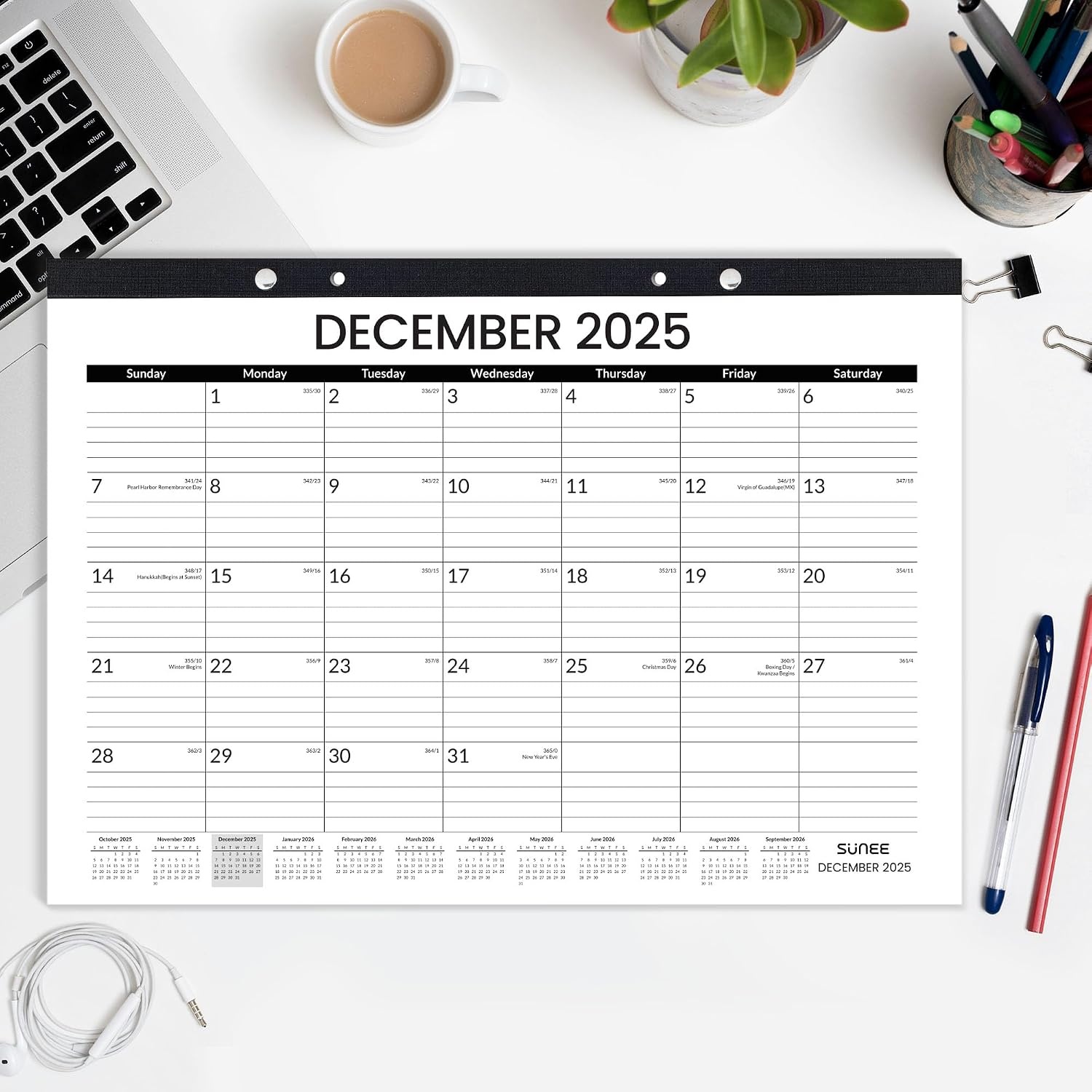 image:imageSUNEE Desk Calendar 2026 18 Months from Oct 2025 to Mar 2027 17x12 Academic 2026 Calendar for Home School or Office Desk Top Organizing Black Monthy Calendar 2026 Pack of 2