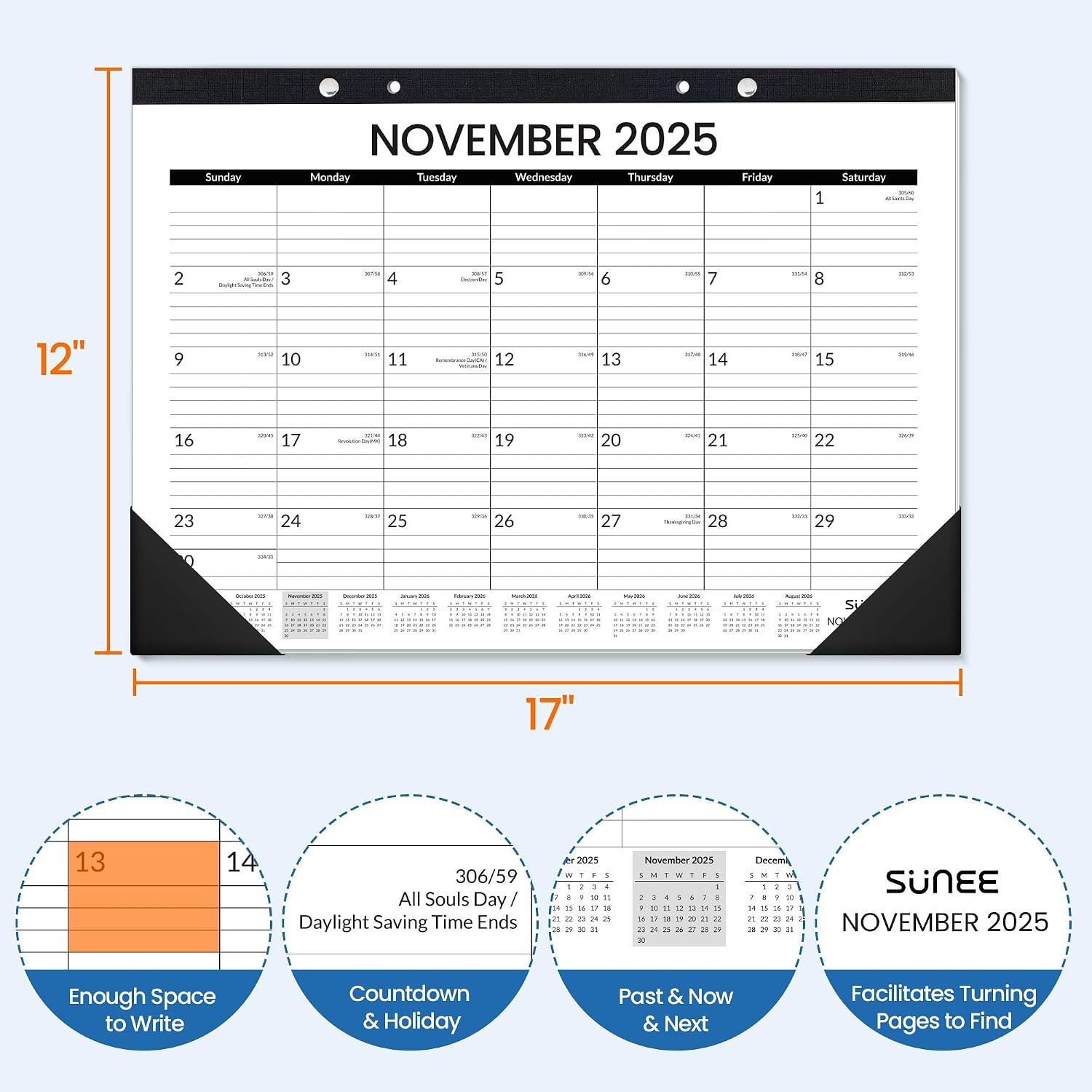 image:imageSUNEE Desk Calendar 2026 18 Months from Oct 2025 to Mar 2027 17x12 Academic 2026 Calendar for Home School or Office Desk Top Organizing Black Monthy Calendar 2026 Pack of 2