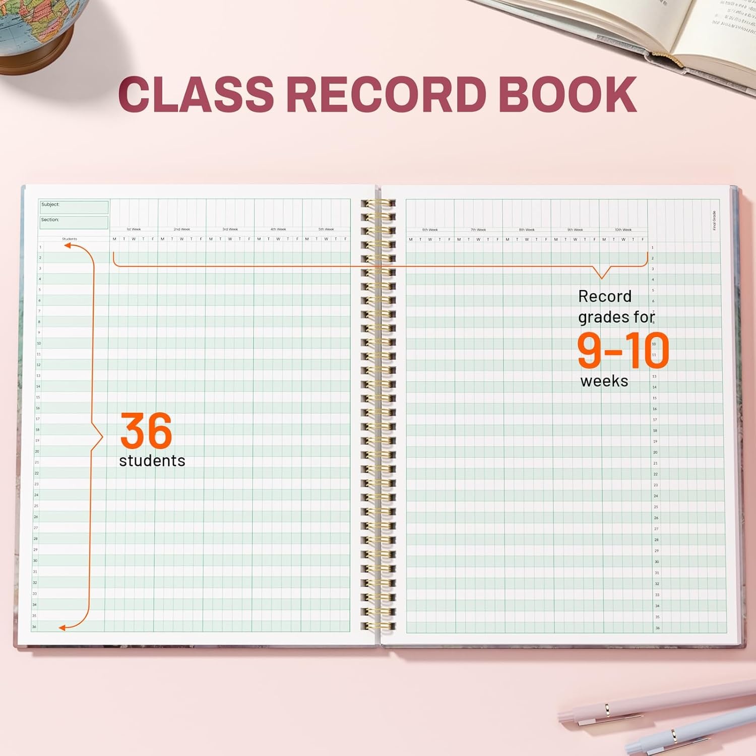 image:imageSUNEE Teacher Class Record Book for 910 weeks 36 Names 85x11 Inch 104 Pages 52 Sheets 100gsm Thick Paper Larger Grade Recording up to 36 Students with WaterResistant Plastic Cover BluePink Marble