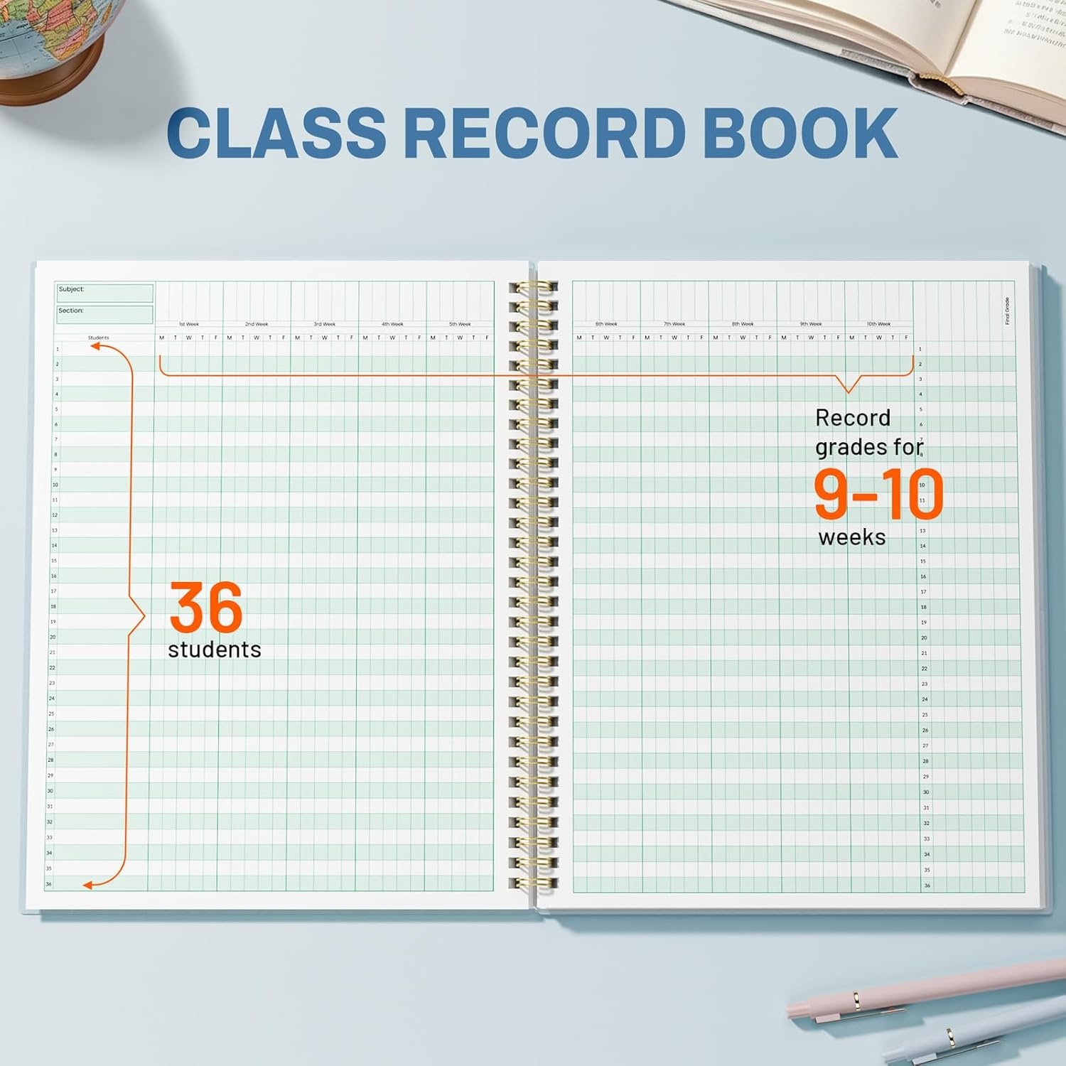 image:imageSUNEE Teacher Class Record Book for 910 weeks 36 Names 85x11 Inch 104 Pages 52 Sheets 100gsm Thick Paper Larger Grade Recording up to 36 Students with WaterResistant Plastic Cover BlueBlue