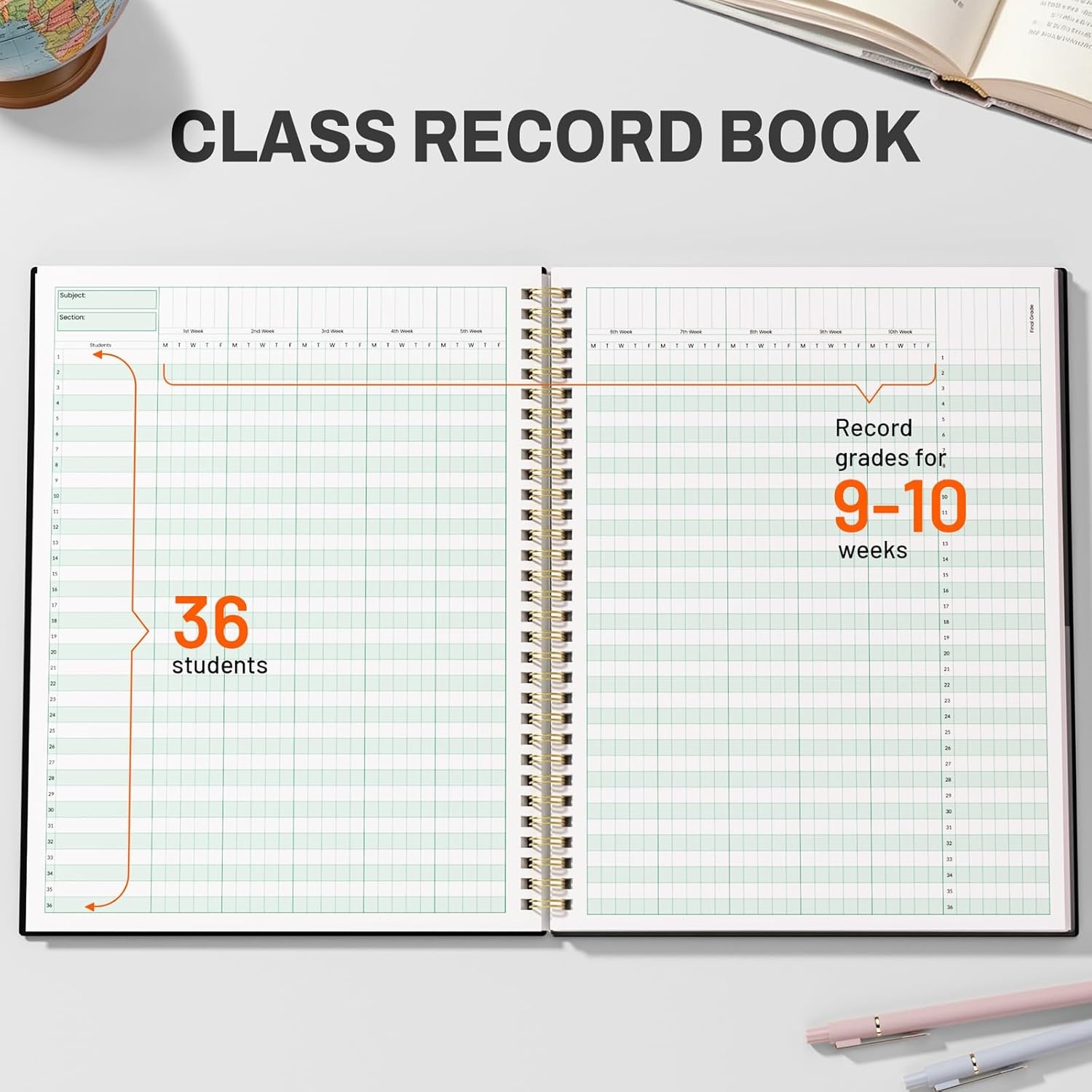 image:imageSUNEE Teacher Class Record Book for 910 weeks 36 Names 85x11 Inch 104 Pages 52 Sheets 100gsm Thick Paper Larger Grade Recording up to 36 Students with WaterResistant Plastic Cover BlueBlack
