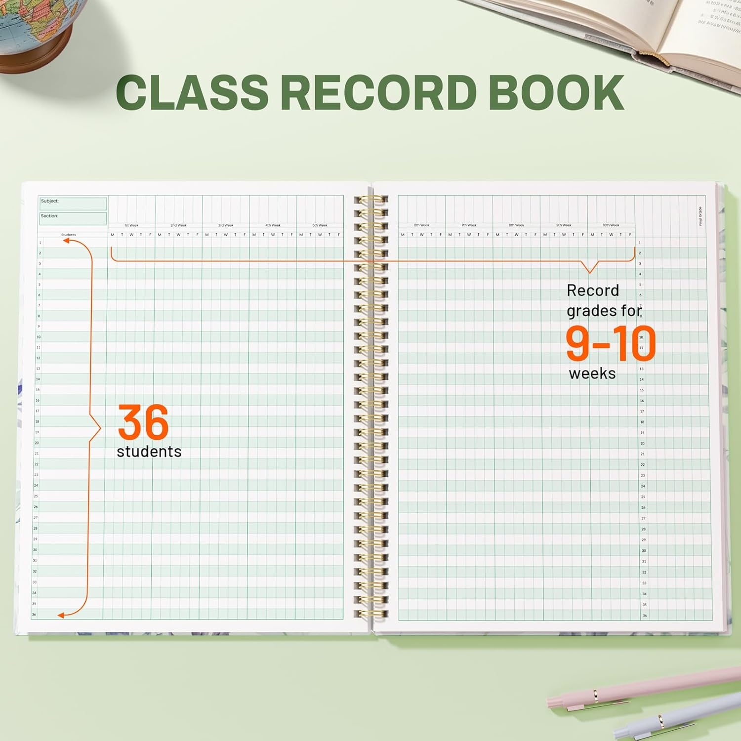 image:imageSUNEE Teacher Class Record Book for 910 weeks 36 Names 85x11 Inch 104 Pages 52 Sheets 100gsm Thick Paper Larger Grade Recording up to 36 Students with WaterResistant Plastic Cover BlueFull Leaf