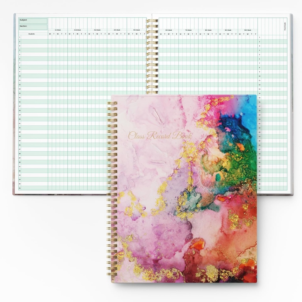 image:imageSUNEE Teacher Class Record Book for 910 weeks 36 Names 85x11 Inch 104 Pages 52 Sheets 100gsm Thick Paper Larger Grade Recording up to 36 Students with WaterResistant Plastic Cover BluePink Marble