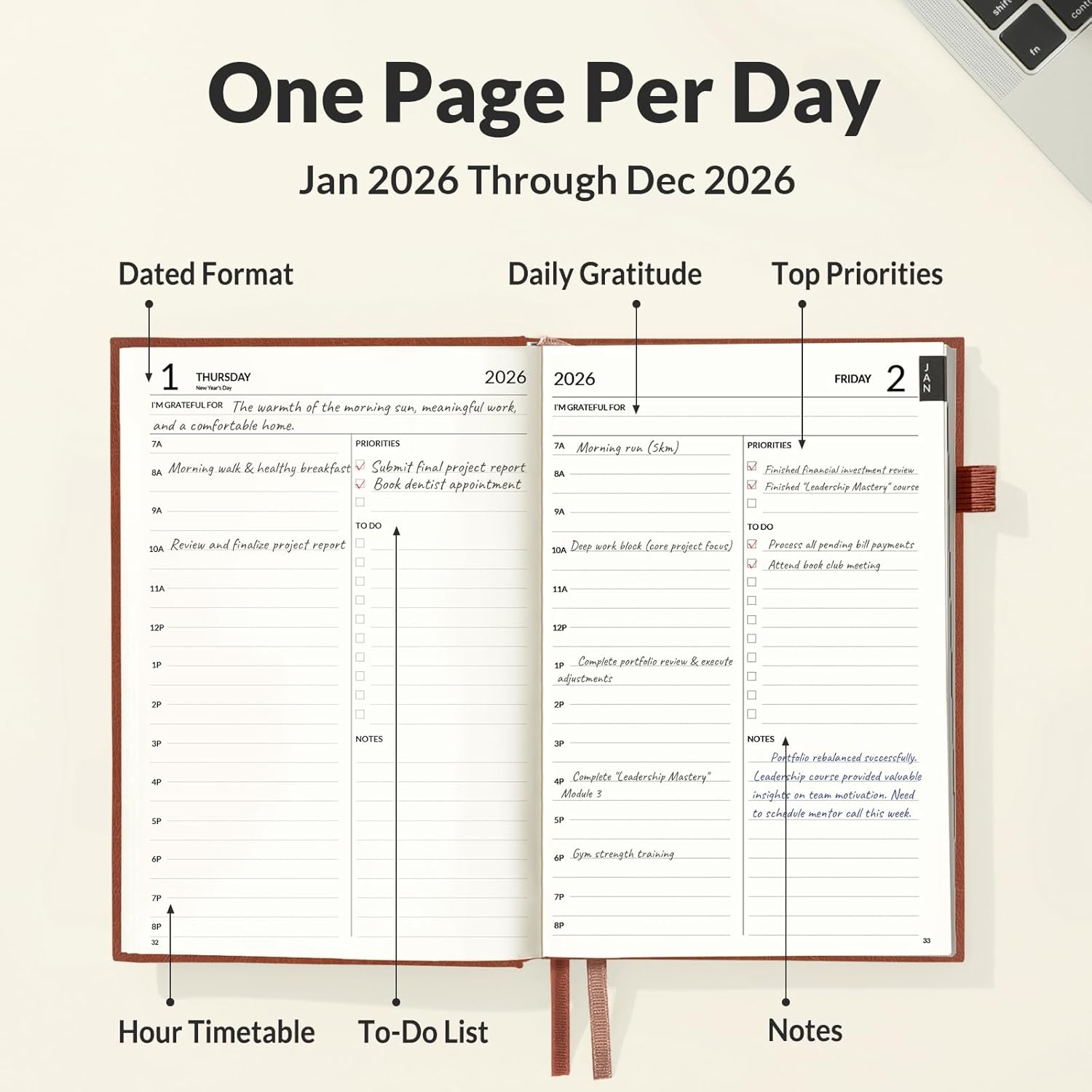 image:imageSUNEE 2026 Planner Daily Planner 2026 for Productivity Weekly amp Monthly Goal Achievement System with One Page Per Day Layout A5 Hardcover 56 x 84 January to December 2026BrownBrown