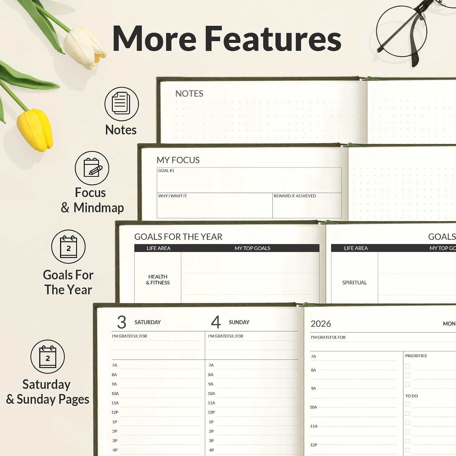 image:imageSUNEE 2026 Planner Daily Planner 2026 for Productivity Weekly amp Monthly Goal Achievement System with One Page Per Day Layout A5 Hardcover 56 x 84 January to December 2026BrownDark Green