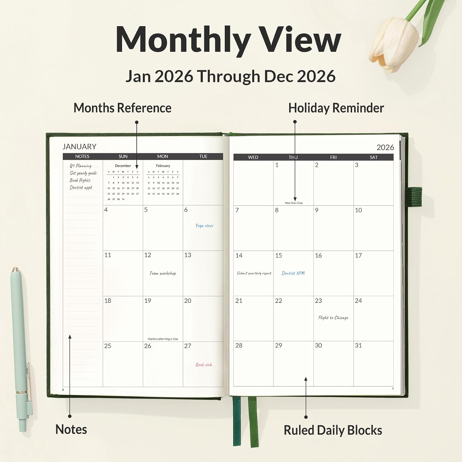 image:imageSUNEE 2026 Planner Daily Planner 2026 for Productivity Weekly amp Monthly Goal Achievement System with One Page Per Day Layout A5 Hardcover 56 x 84 January to December 2026BrownDark Green