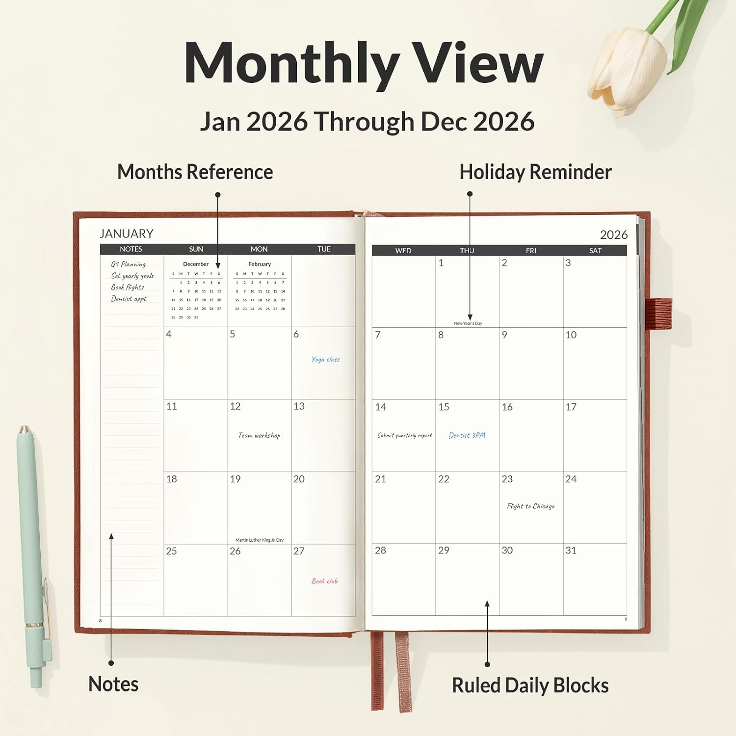 image:imageSUNEE 2026 Planner Daily Planner 2026 for Productivity Weekly amp Monthly Goal Achievement System with One Page Per Day Layout A5 Hardcover 56 x 84 January to December 2026BrownBrown