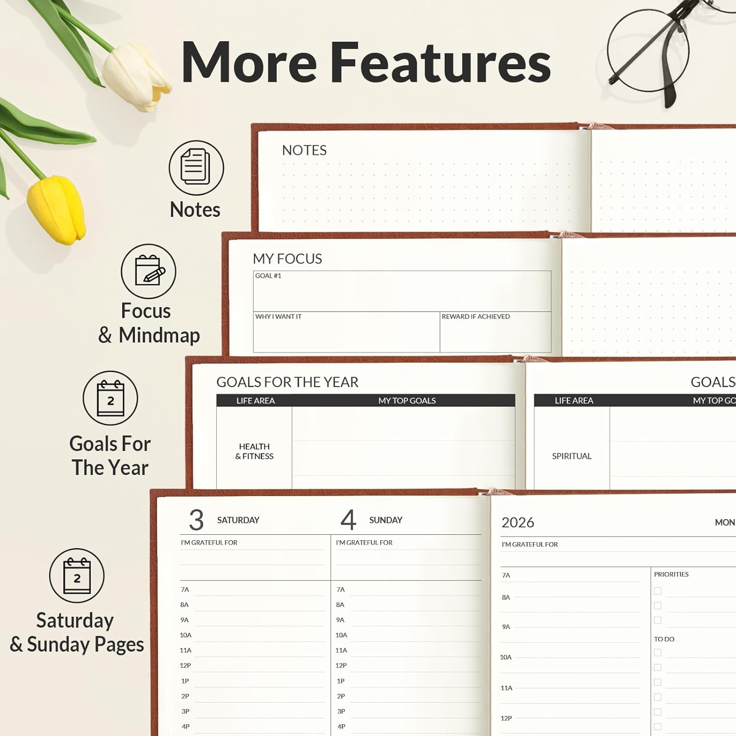 image:imageSUNEE 2026 Planner Daily Planner 2026 for Productivity Weekly amp Monthly Goal Achievement System with One Page Per Day Layout A5 Hardcover 56 x 84 January to December 2026BrownBrown