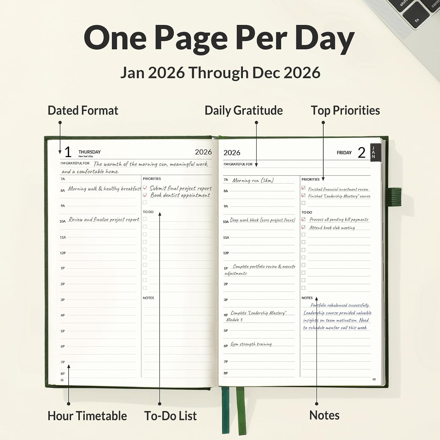 image:imageSUNEE 2026 Planner Daily Planner 2026 for Productivity Weekly amp Monthly Goal Achievement System with One Page Per Day Layout A5 Hardcover 56 x 84 January to December 2026BrownDark Green