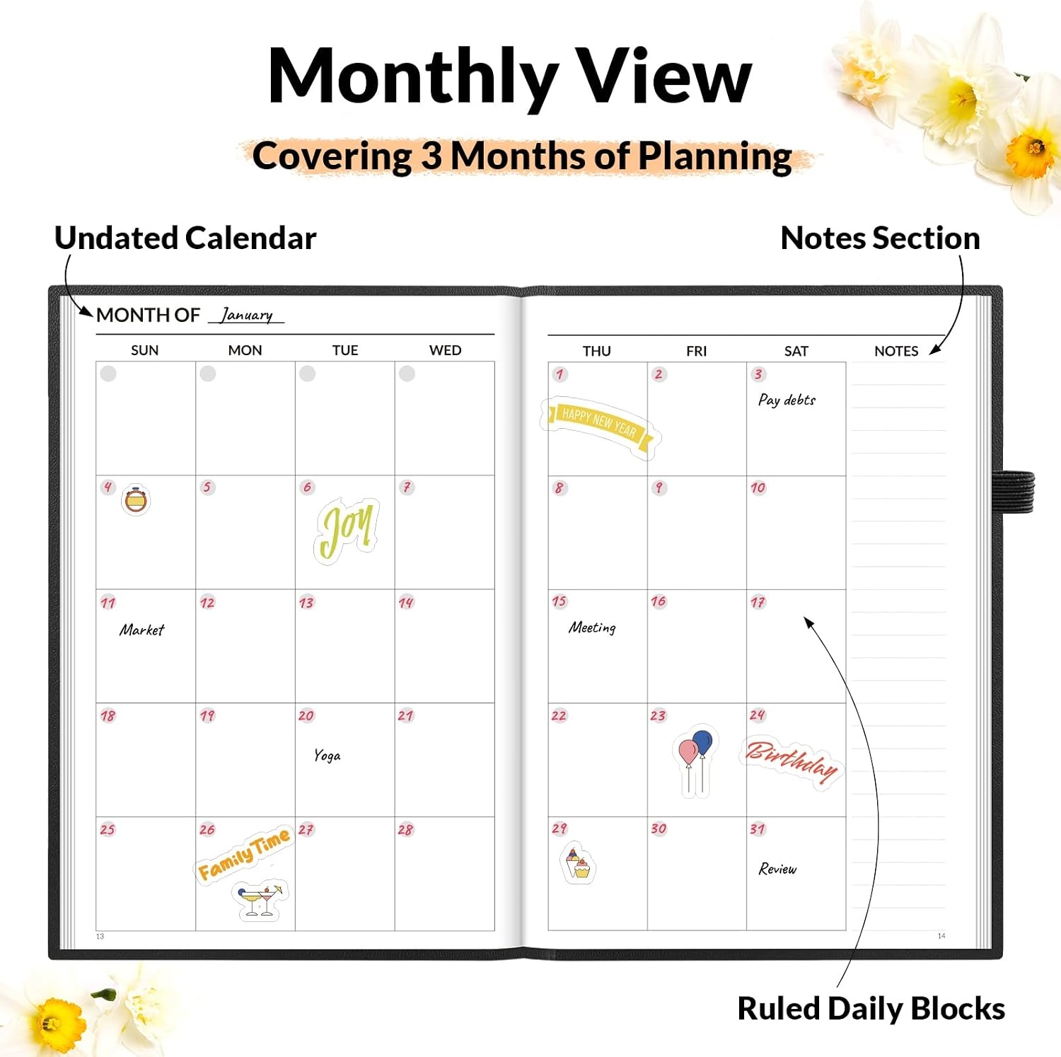 image:imageSUNEE Adhd Daily Planner for Adults3Month Undated Daily Weekly Monthly Planner for Productivity Goal Setting Time Management Work amp Life for Men amp WomenVision Board StickersBlack