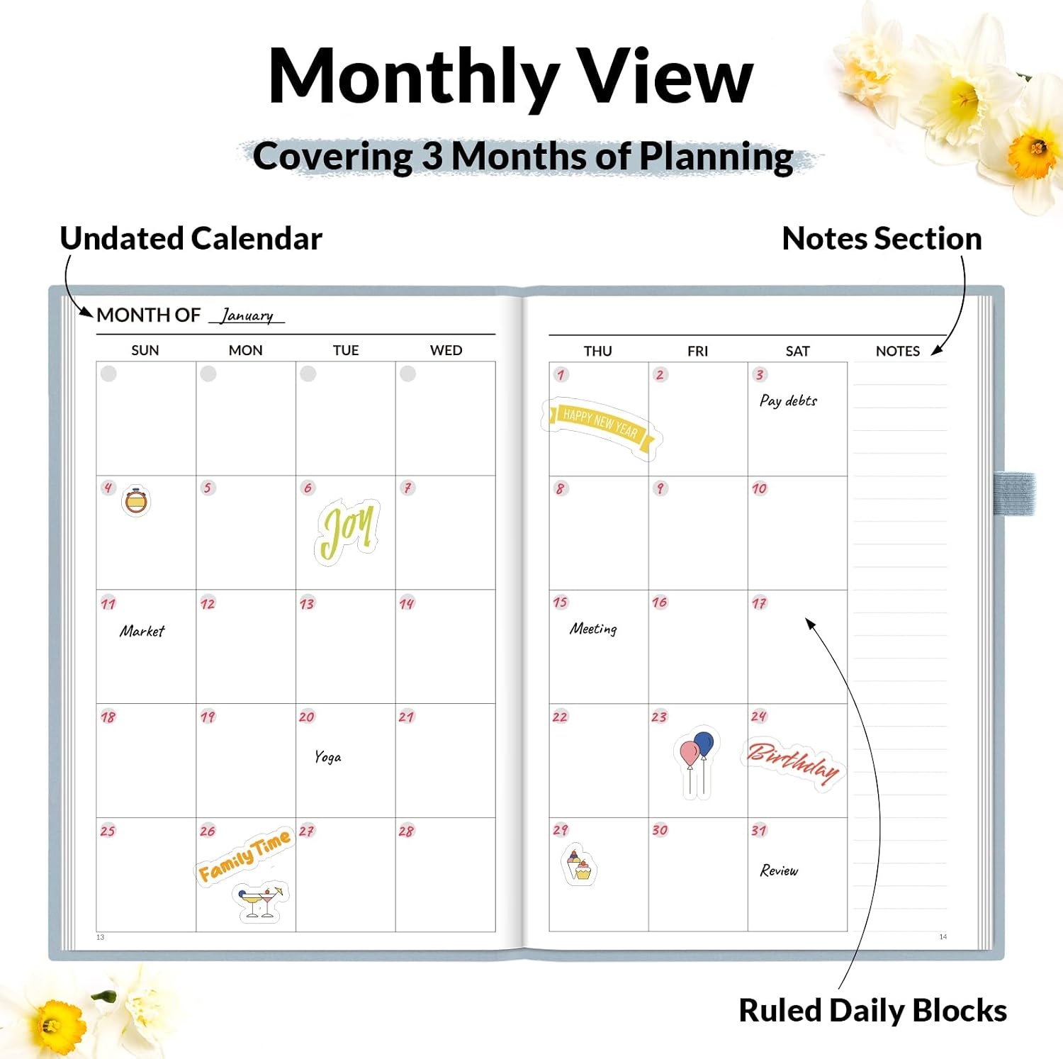 image:imageSUNEE Adhd Daily Planner for Adults3Month Undated Daily Weekly Monthly Planner for Productivity Goal Setting Time Management Work amp Life for Men amp WomenVision Board StickersGray Blue