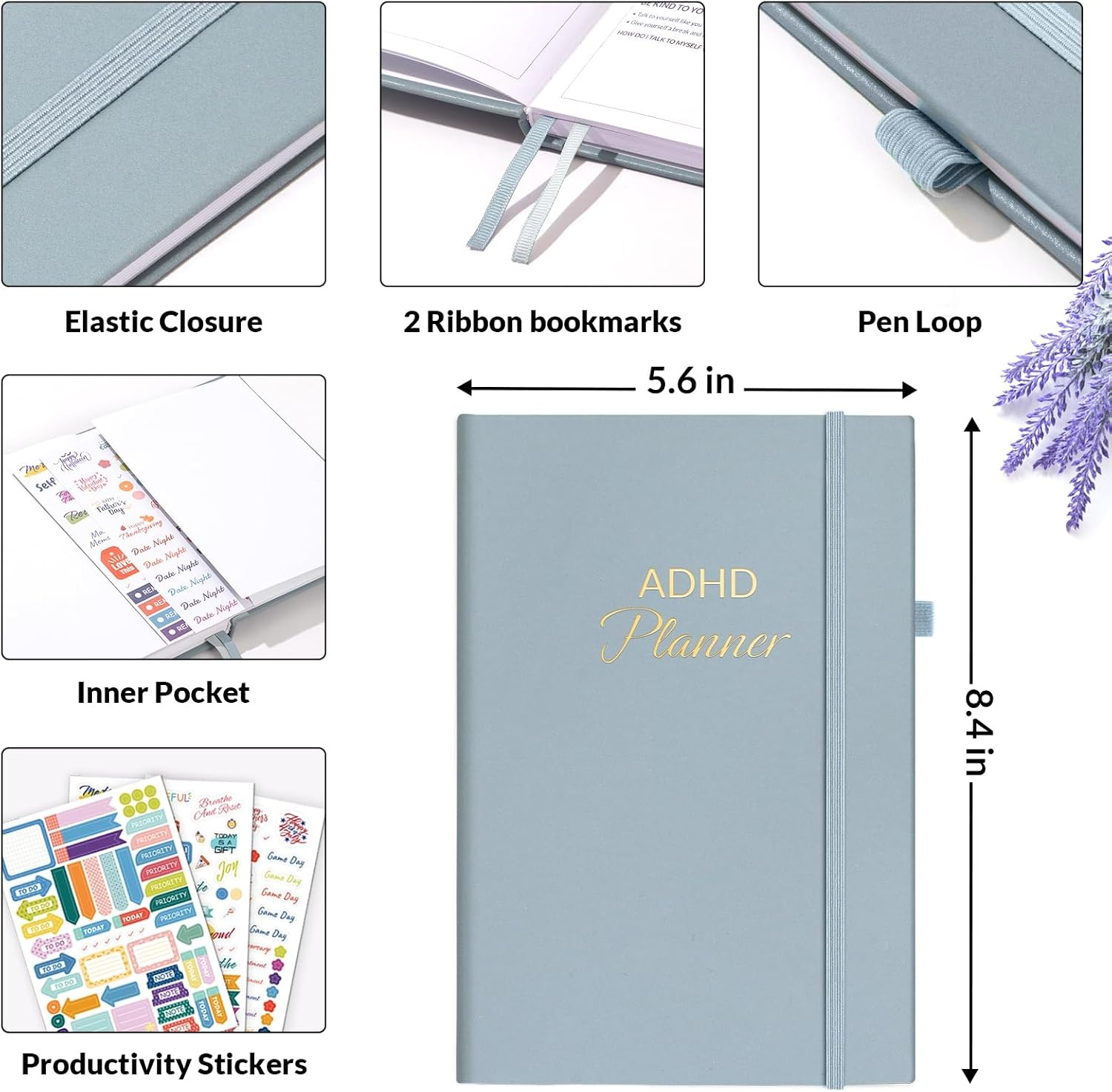 image:imageSUNEE Adhd Daily Planner for Adults3Month Undated Daily Weekly Monthly Planner for Productivity Goal Setting Time Management Work amp Life for Men amp WomenVision Board StickersGray Blue