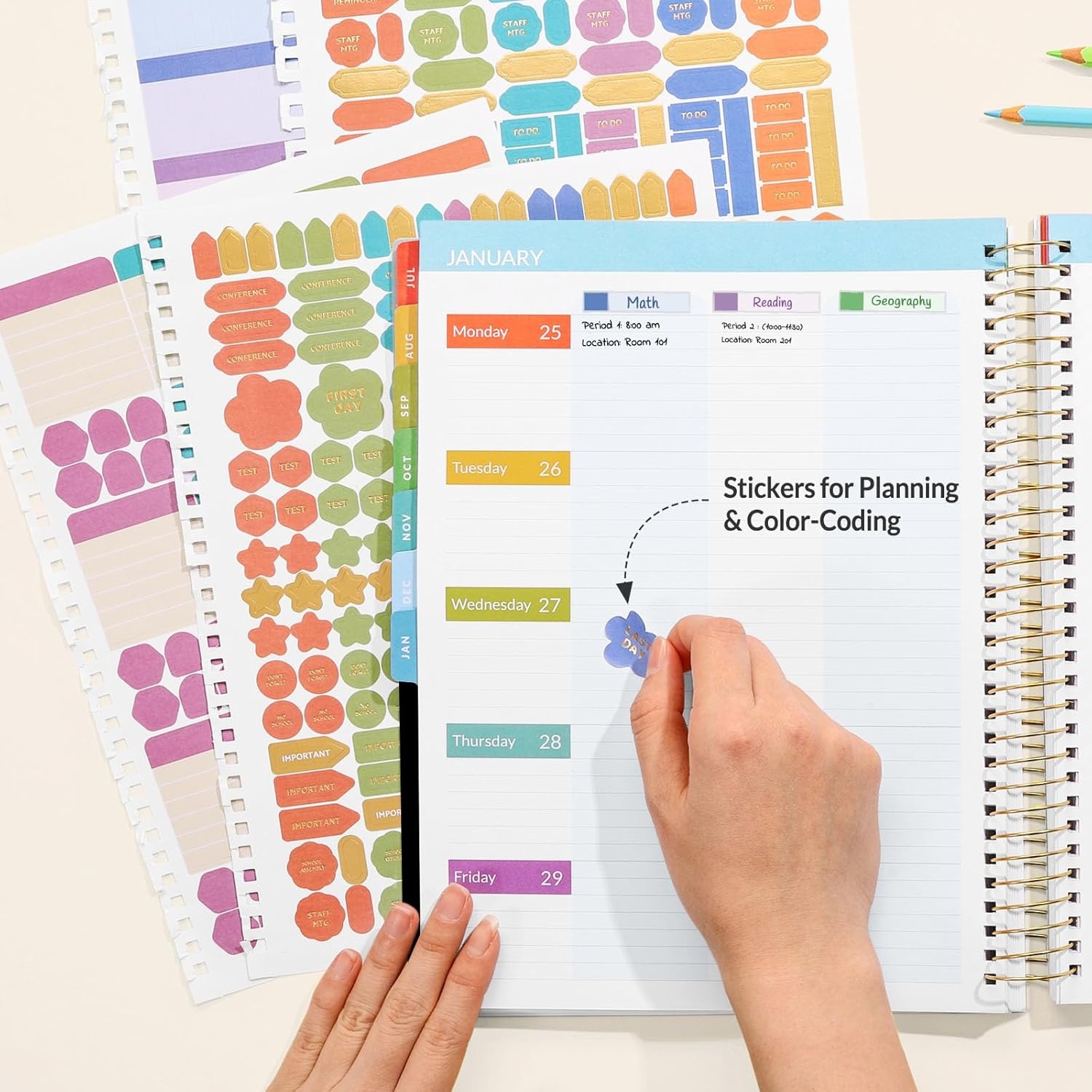 image:imageSUNEE Deluxe Teacher Planner 20262027 Lesson Planner Book with 7 Periods Jul 2026 Jun 2027 85 x 11 Daily Weekly and Monthly Organizers with Colorful Tabs Planning Stickers120gms Paper BlackBlack