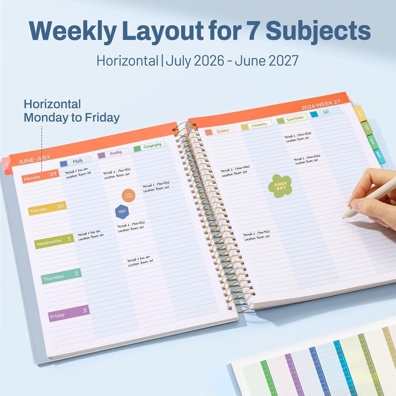 image:imageSUNEE Deluxe Teacher Planner 20262027 Lesson Planner Book with 7 Periods Jul 2026 Jun 2027 85 x 11 Daily Weekly and Monthly Organizers with Colorful Tabs Planning Stickers120gms Paper BlackBlue