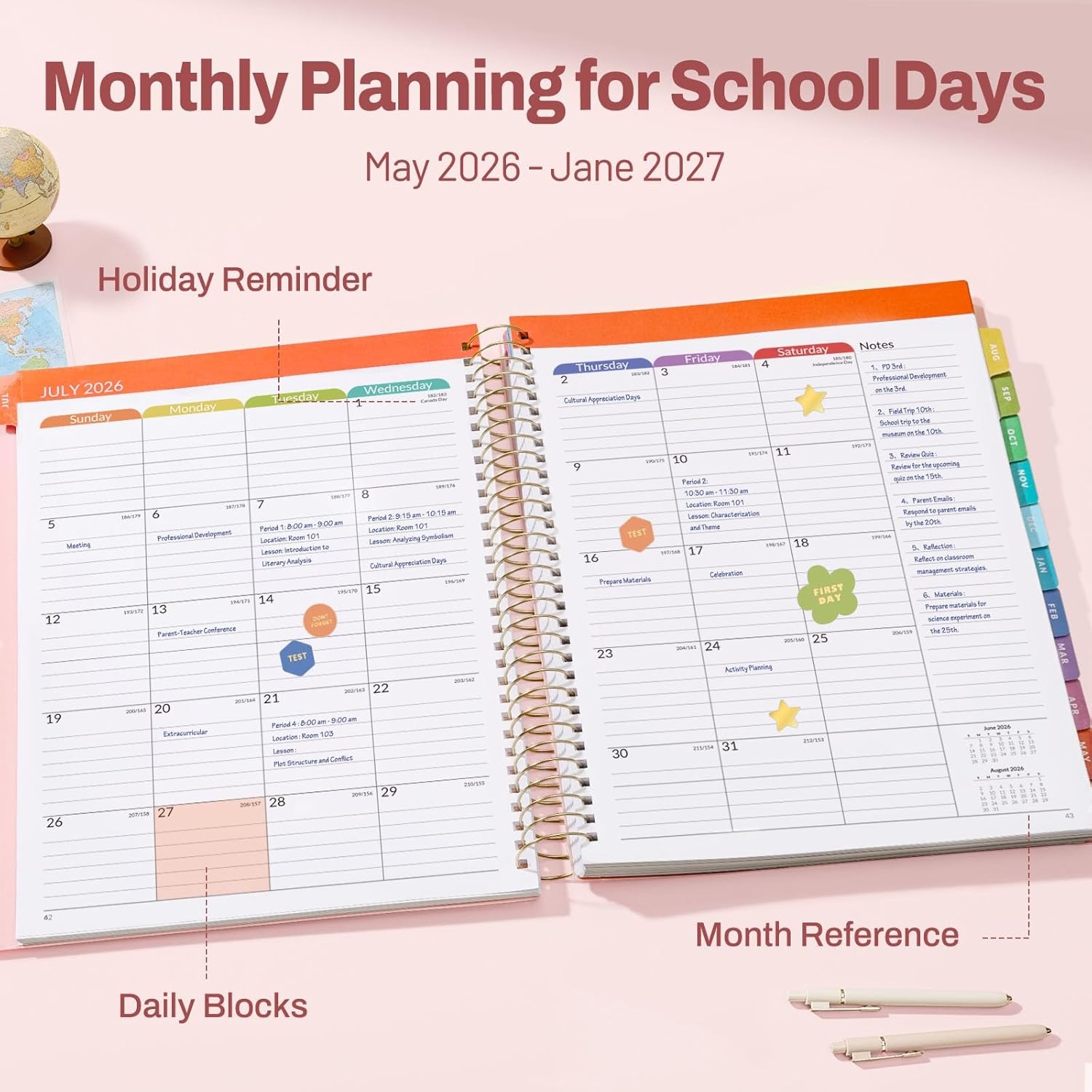 image:imageSUNEE Deluxe Teacher Planner 20262027 Lesson Planner Book with 7 Periods Jul 2026 Jun 2027 85 x 11 Daily Weekly and Monthly Organizers with Colorful Tabs Planning Stickers120gms Paper BlackPink