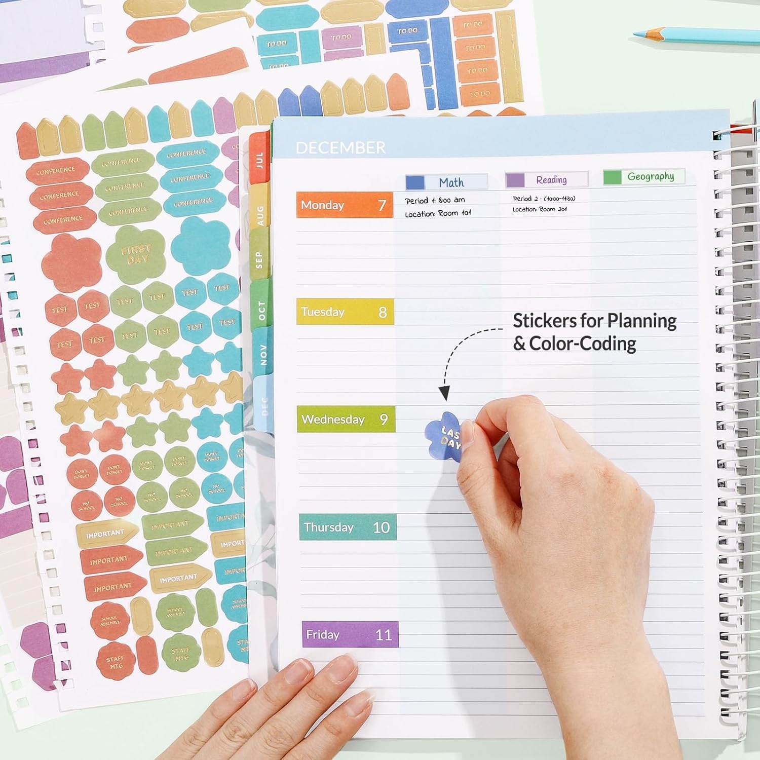 image:imageSUNEE Deluxe Teacher Planner 20262027 Lesson Planner Book with 7 Periods Jul 2026 Jun 2027 85 x 11 Daily Weekly and Monthly Organizers with Colorful Tabs Planning Stickers120gms Paper BlackLeaf