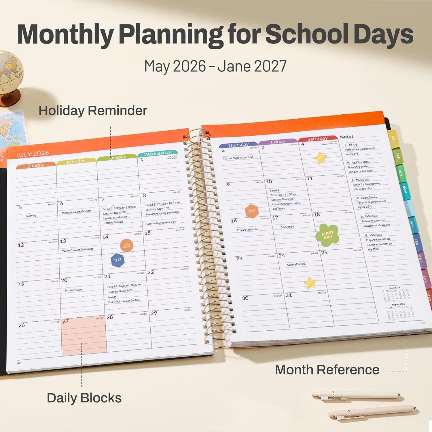 image:imageSUNEE Deluxe Teacher Planner 20262027 Lesson Planner Book with 7 Periods Jul 2026 Jun 2027 85 x 11 Daily Weekly and Monthly Organizers with Colorful Tabs Planning Stickers120gms Paper BlackBlack