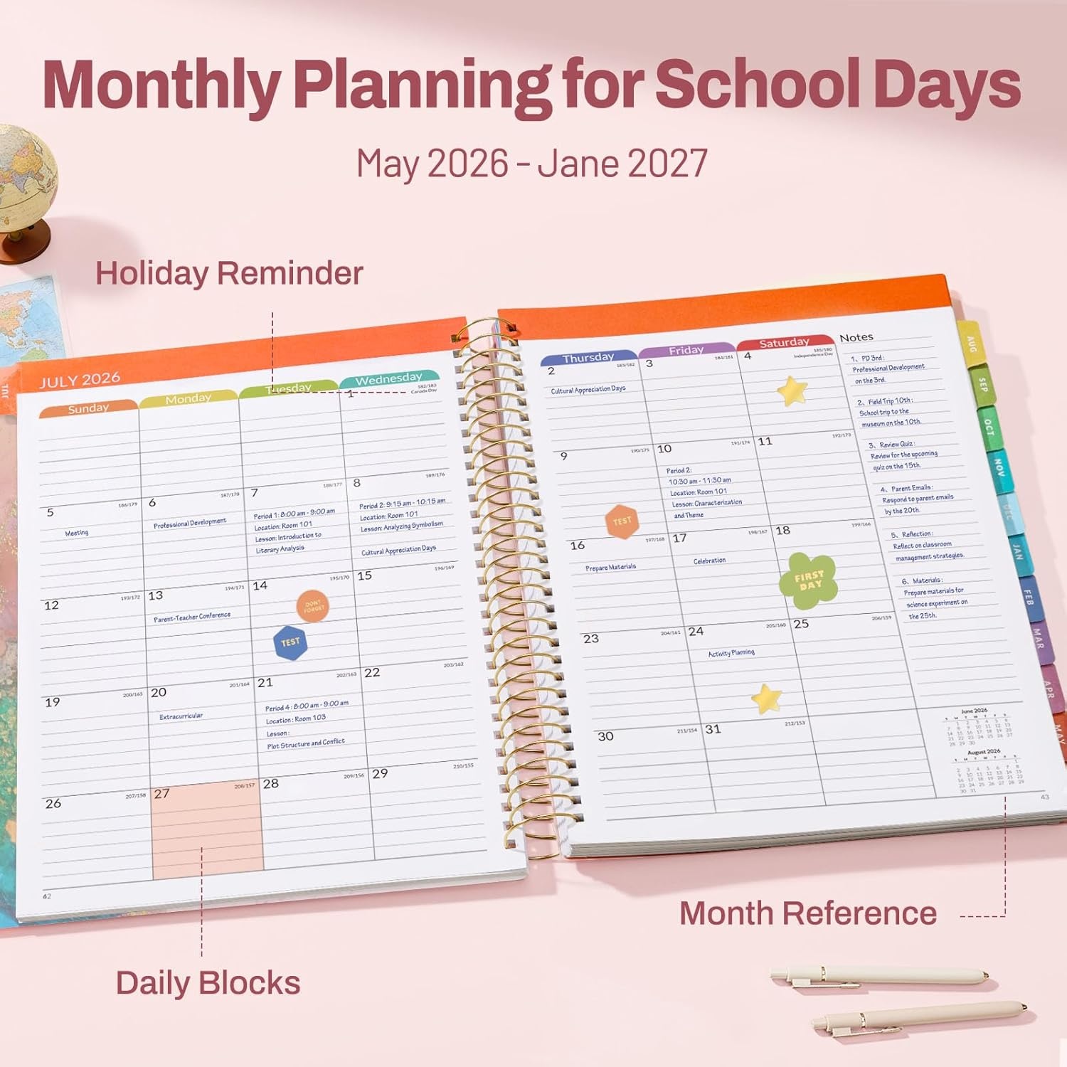 image:imageSUNEE Deluxe Teacher Planner 20262027 Lesson Planner Book with 7 Periods Jul 2026 Jun 2027 85 x 11 Daily Weekly and Monthly Organizers with Colorful Tabs Planning Stickers120gms Paper BlackPink Marble