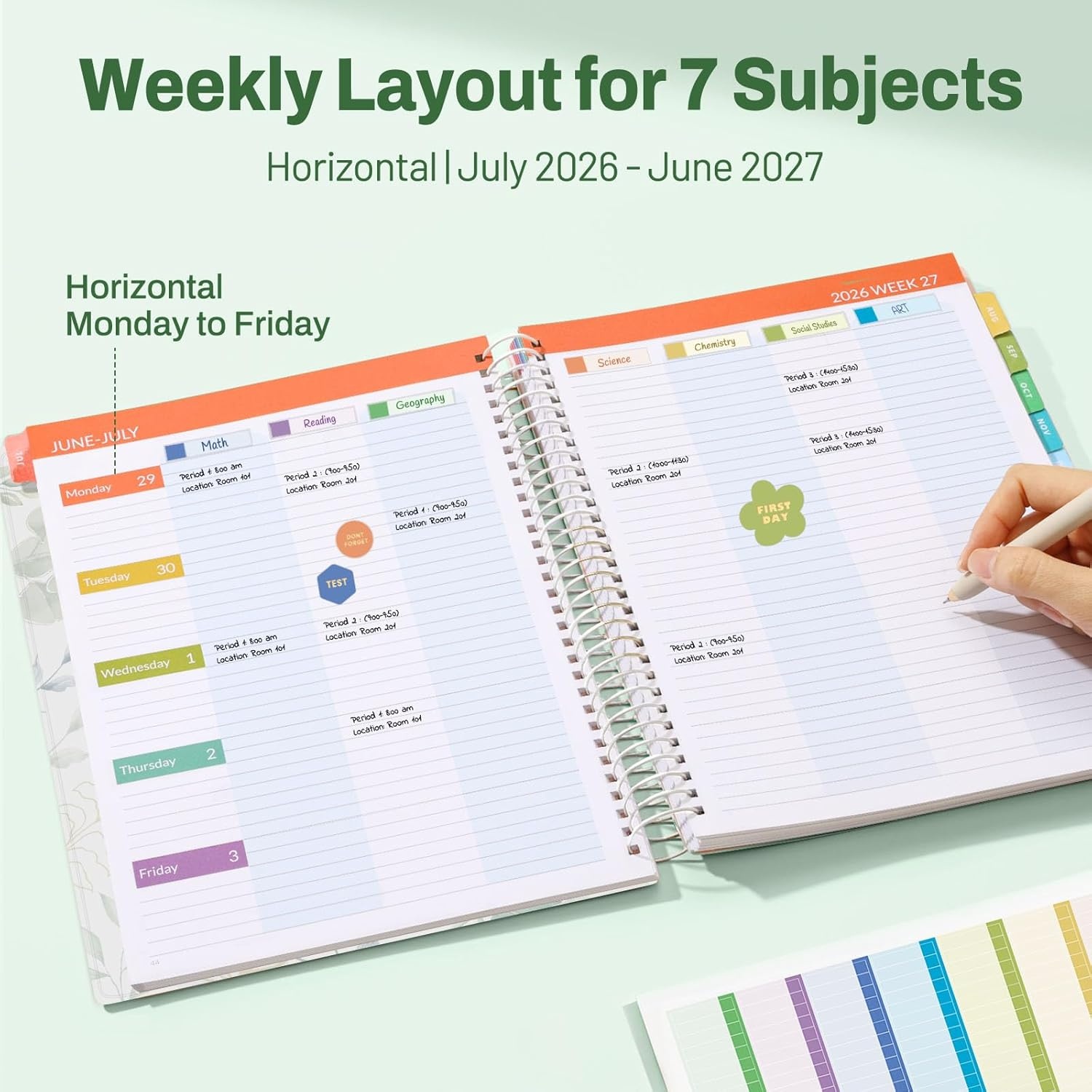 image:imageSUNEE Deluxe Teacher Planner 20262027 Lesson Planner Book with 7 Periods Jul 2026 Jun 2027 85 x 11 Daily Weekly and Monthly Organizers with Colorful Tabs Planning Stickers120gms Paper BlackLeaf