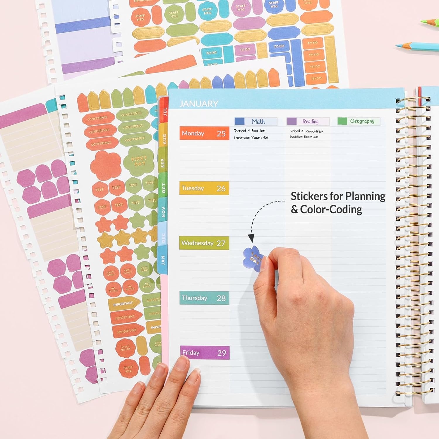 image:imageSUNEE Deluxe Teacher Planner 20262027 Lesson Planner Book with 7 Periods Jul 2026 Jun 2027 85 x 11 Daily Weekly and Monthly Organizers with Colorful Tabs Planning Stickers120gms Paper BlackPink
