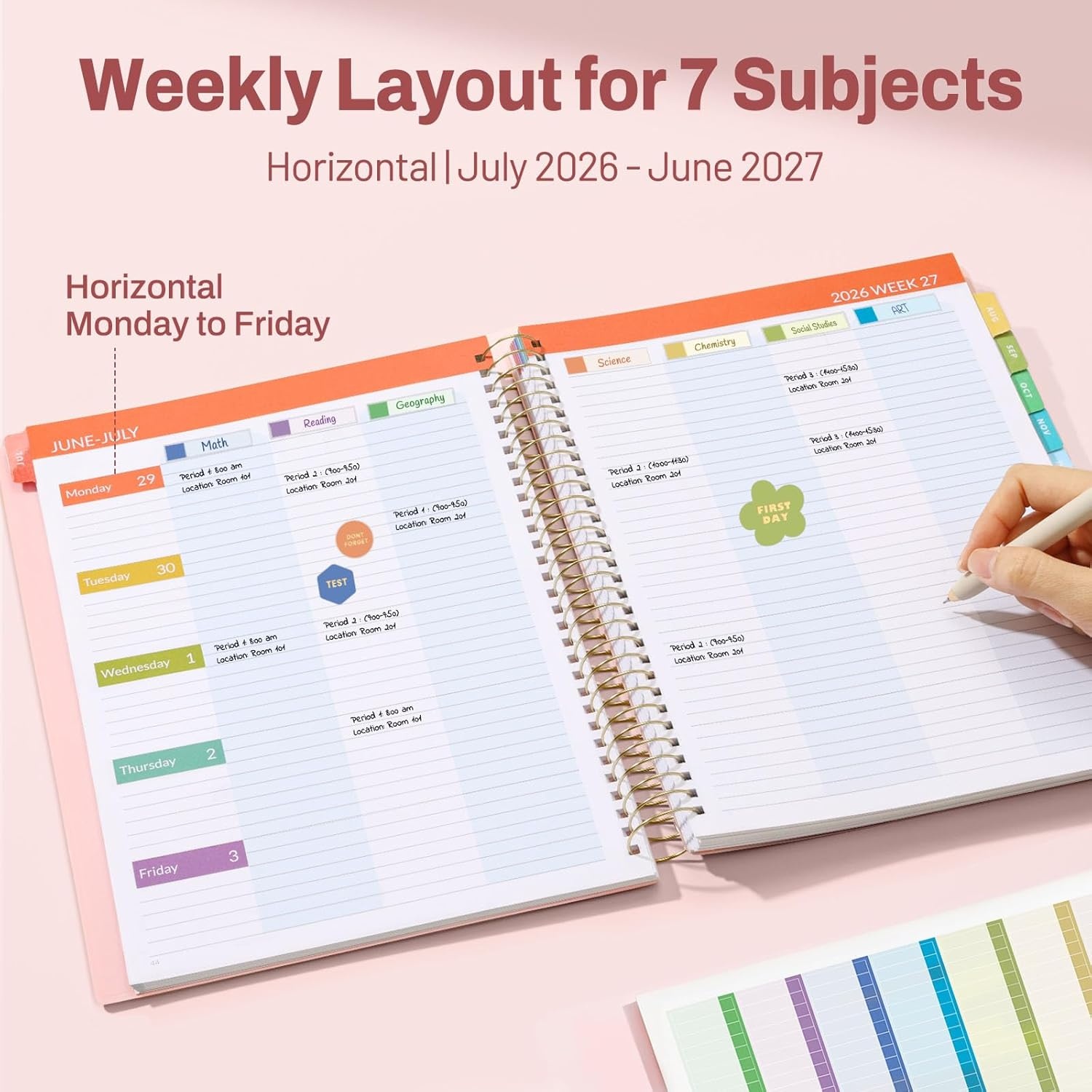 image:imageSUNEE Deluxe Teacher Planner 20262027 Lesson Planner Book with 7 Periods Jul 2026 Jun 2027 85 x 11 Daily Weekly and Monthly Organizers with Colorful Tabs Planning Stickers120gms Paper BlackPink