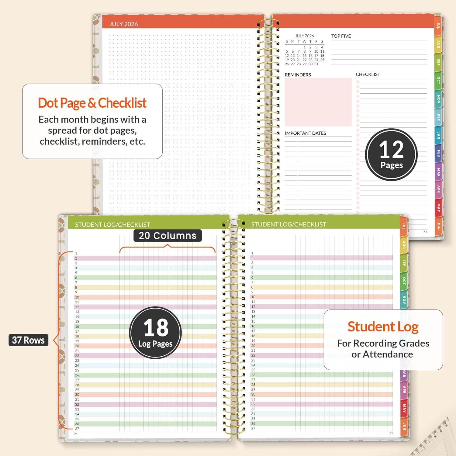 image:imageSUNEE Deluxe Teacher Planner 20262027 Lesson Planner Book with 7 Periods Jul 2026 Jun 2027 85 x 11 Daily Weekly and Monthly Organizers with Colorful Tabs Planning Stickers120gms Paper BlackRetro Floral