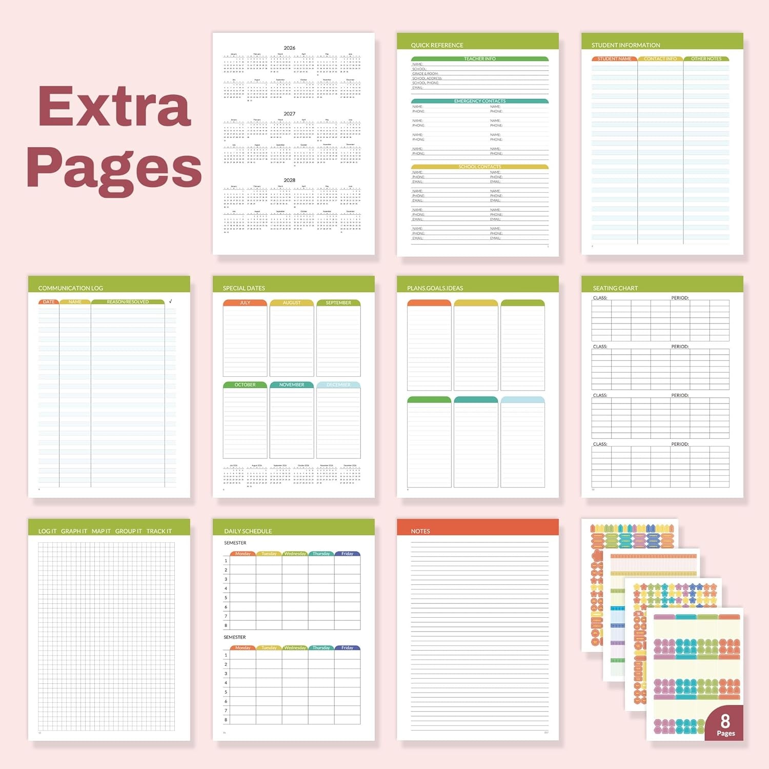 image:imageSUNEE Deluxe Teacher Planner 20262027 Lesson Planner Book with 7 Periods Jul 2026 Jun 2027 85 x 11 Daily Weekly and Monthly Organizers with Colorful Tabs Planning Stickers120gms Paper BlackPink Marble