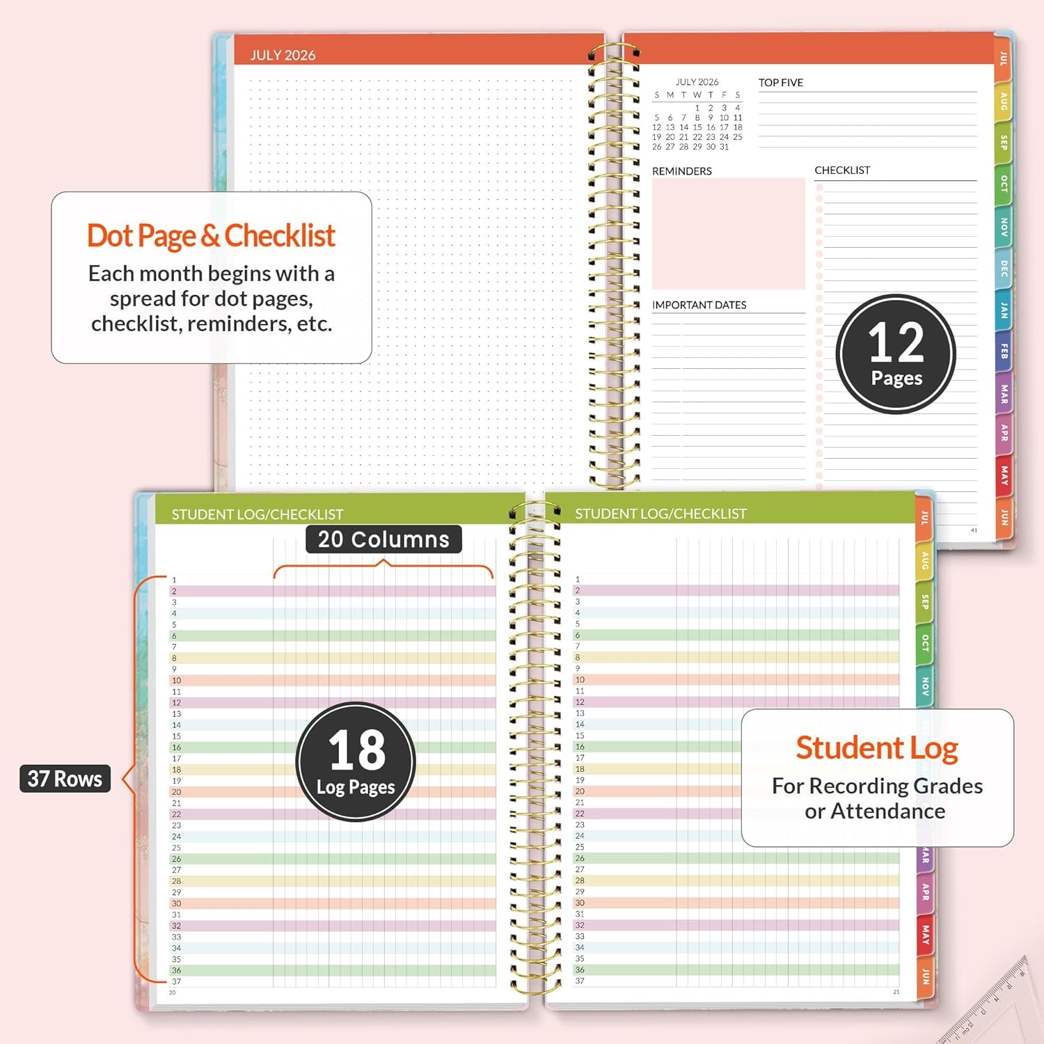 image:imageSUNEE Deluxe Teacher Planner 20262027 Lesson Planner Book with 7 Periods Jul 2026 Jun 2027 85 x 11 Daily Weekly and Monthly Organizers with Colorful Tabs Planning Stickers120gms Paper BlackPink Marble