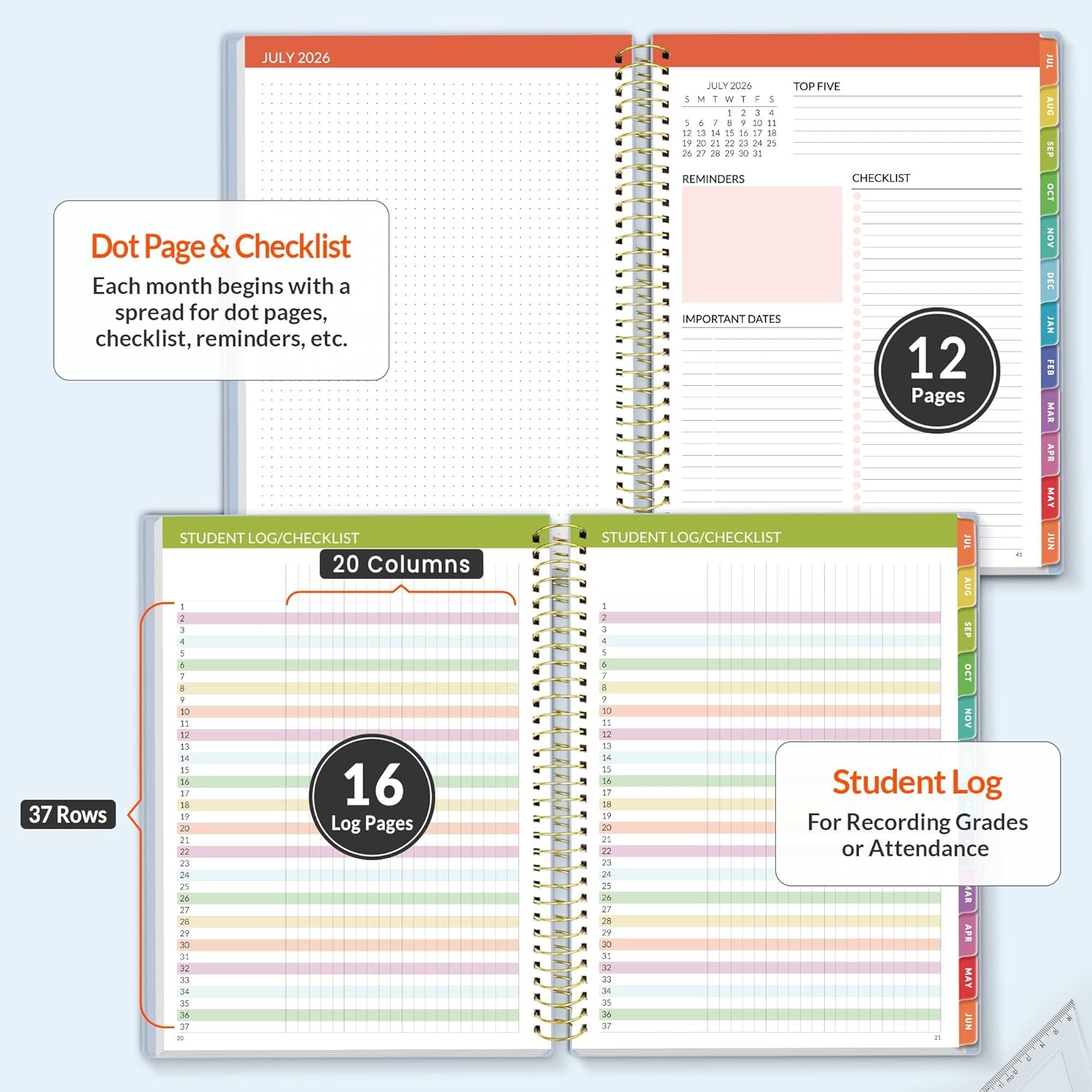 image:imageSUNEE Deluxe Teacher Planner 20262027 Lesson Planner Book with 7 Periods Jul 2026 Jun 2027 85 x 11 Daily Weekly and Monthly Organizers with Colorful Tabs Planning Stickers120gms Paper BlackBlue