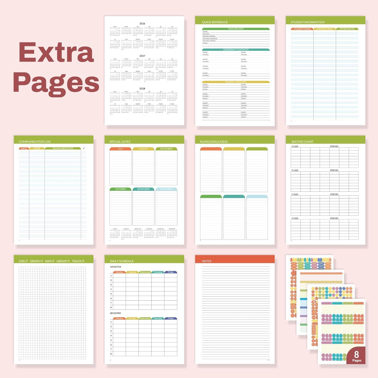 image:imageSUNEE Deluxe Teacher Planner 20262027 Lesson Planner Book with 7 Periods Jul 2026 Jun 2027 85 x 11 Daily Weekly and Monthly Organizers with Colorful Tabs Planning Stickers120gms Paper BlackPink