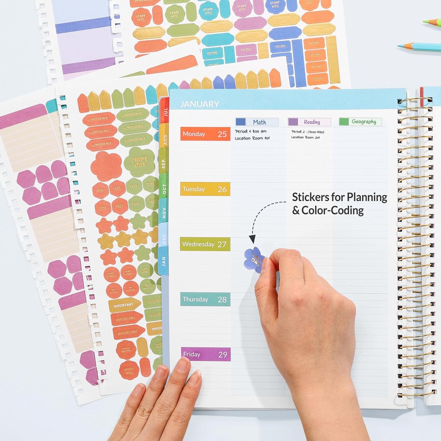image:imageSUNEE Deluxe Teacher Planner 20262027 Lesson Planner Book with 7 Periods Jul 2026 Jun 2027 85 x 11 Daily Weekly and Monthly Organizers with Colorful Tabs Planning Stickers120gms Paper BlackBlue