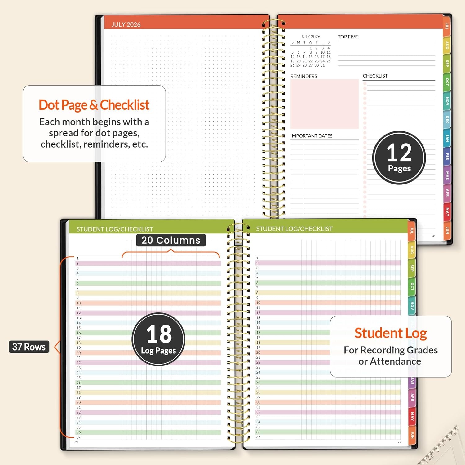 image:imageSUNEE Deluxe Teacher Planner 20262027 Lesson Planner Book with 7 Periods Jul 2026 Jun 2027 85 x 11 Daily Weekly and Monthly Organizers with Colorful Tabs Planning Stickers120gms Paper BlackBlack