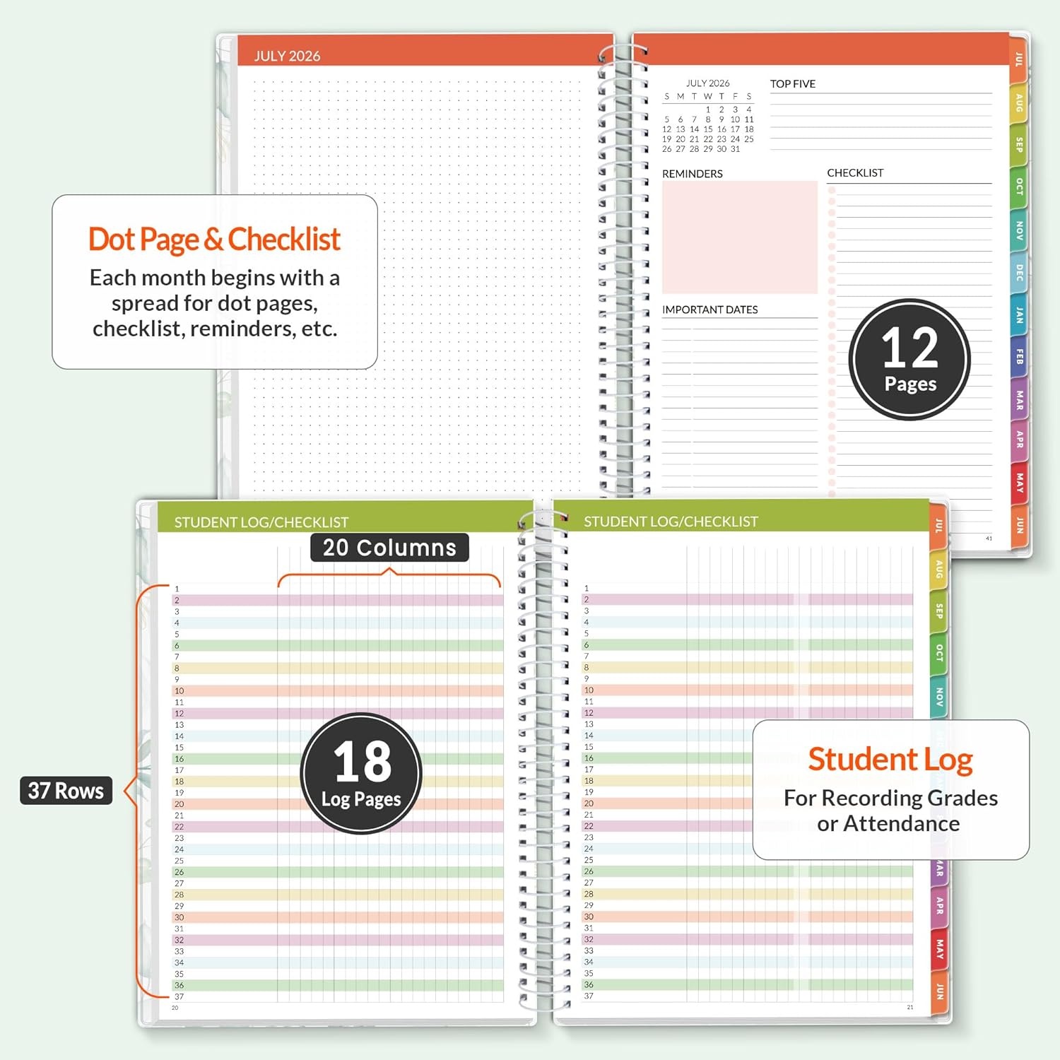 image:imageSUNEE Deluxe Teacher Planner 20262027 Lesson Planner Book with 7 Periods Jul 2026 Jun 2027 85 x 11 Daily Weekly and Monthly Organizers with Colorful Tabs Planning Stickers120gms Paper BlackLeaf