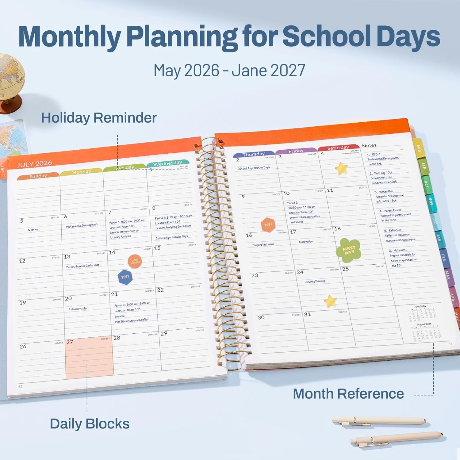 image:imageSUNEE Deluxe Teacher Planner 20262027 Lesson Planner Book with 7 Periods Jul 2026 Jun 2027 85 x 11 Daily Weekly and Monthly Organizers with Colorful Tabs Planning Stickers120gms Paper BlackBlue