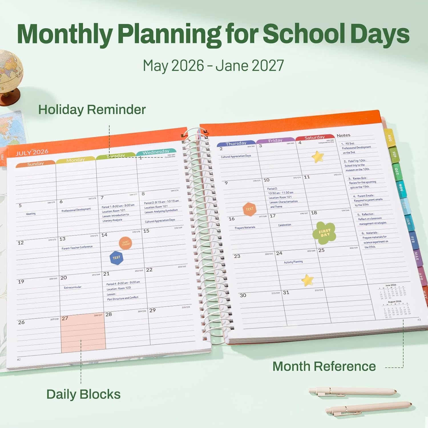 image:imageSUNEE Deluxe Teacher Planner 20262027 Lesson Planner Book with 7 Periods Jul 2026 Jun 2027 85 x 11 Daily Weekly and Monthly Organizers with Colorful Tabs Planning Stickers120gms Paper BlackLeaf