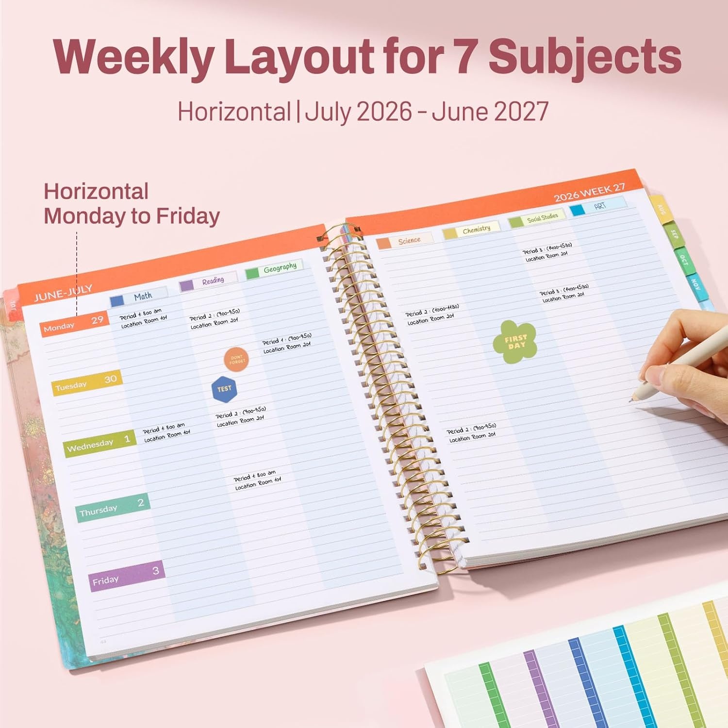 image:imageSUNEE Deluxe Teacher Planner 20262027 Lesson Planner Book with 7 Periods Jul 2026 Jun 2027 85 x 11 Daily Weekly and Monthly Organizers with Colorful Tabs Planning Stickers120gms Paper BlackPink Marble