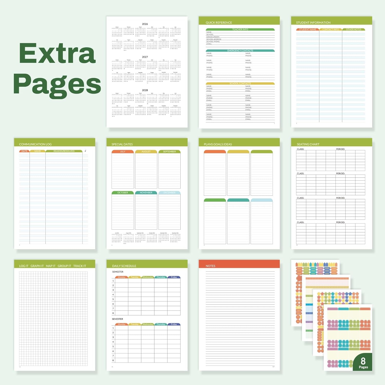 image:imageSUNEE Deluxe Teacher Planner 20262027 Lesson Planner Book with 7 Periods Jul 2026 Jun 2027 85 x 11 Daily Weekly and Monthly Organizers with Colorful Tabs Planning Stickers120gms Paper BlackLeaf