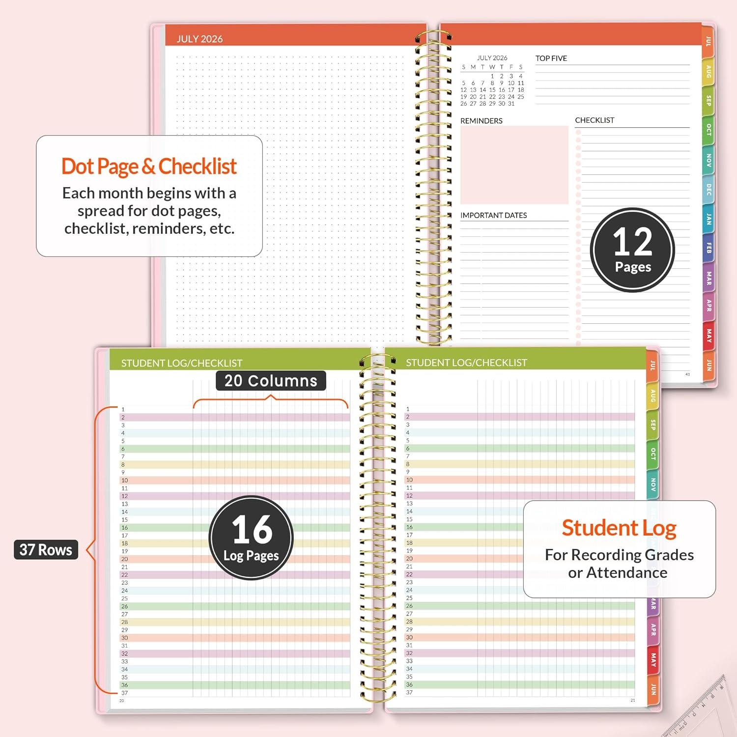 image:imageSUNEE Deluxe Teacher Planner 20262027 Lesson Planner Book with 7 Periods Jul 2026 Jun 2027 85 x 11 Daily Weekly and Monthly Organizers with Colorful Tabs Planning Stickers120gms Paper BlackPink