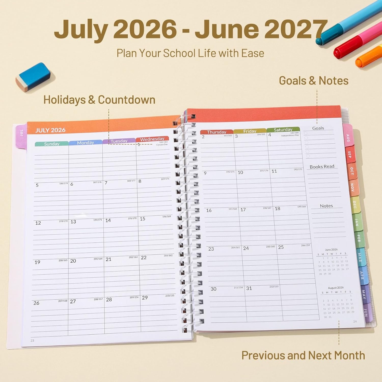 image:imageSUNEE Elementary Student Planner 20262027 Dated Academic Year Jul 2026 Jun 2027 6583 School Planner for Kids Datebooks Weekly amp Monthly Plan Book with BookmarkMonthly Tabs Solar SystemBeige Rainbow