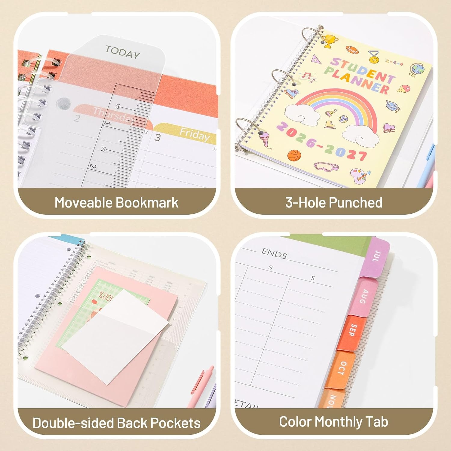 image:imageSUNEE Elementary Student Planner 20262027 Dated Academic Year Jul 2026 Jun 2027 6583 School Planner for Kids Datebooks Weekly amp Monthly Plan Book with BookmarkMonthly Tabs Solar SystemBeige Rainbow