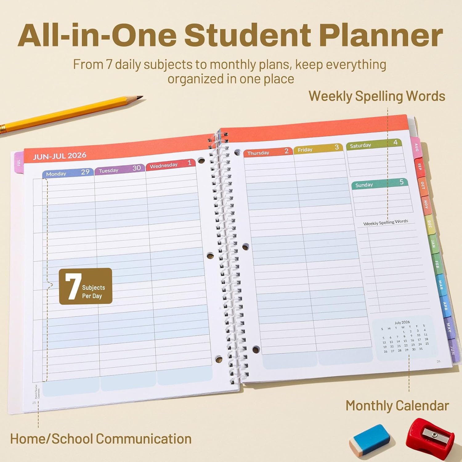image:imageSUNEE Elementary Student Planner 20262027 Dated Academic Year Jul 2026 Jun 2027 6583 School Planner for Kids Datebooks Weekly amp Monthly Plan Book with BookmarkMonthly Tabs Solar SystemBeige Rainbow
