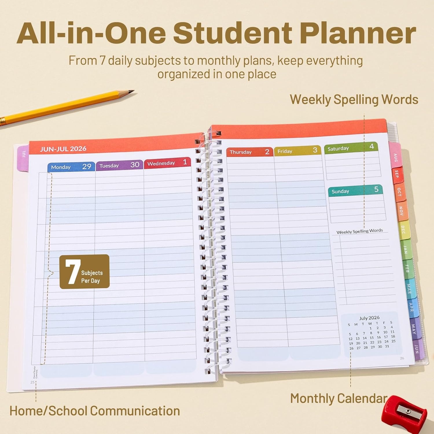 image:imageSUNEE Elementary Student Planner 20262027 Dated Academic Year Jul 2026 Jun 2027 6583 School Planner for Kids Datebooks Weekly amp Monthly Plan Book with BookmarkMonthly Tabs Solar SystemBeige Rainbow